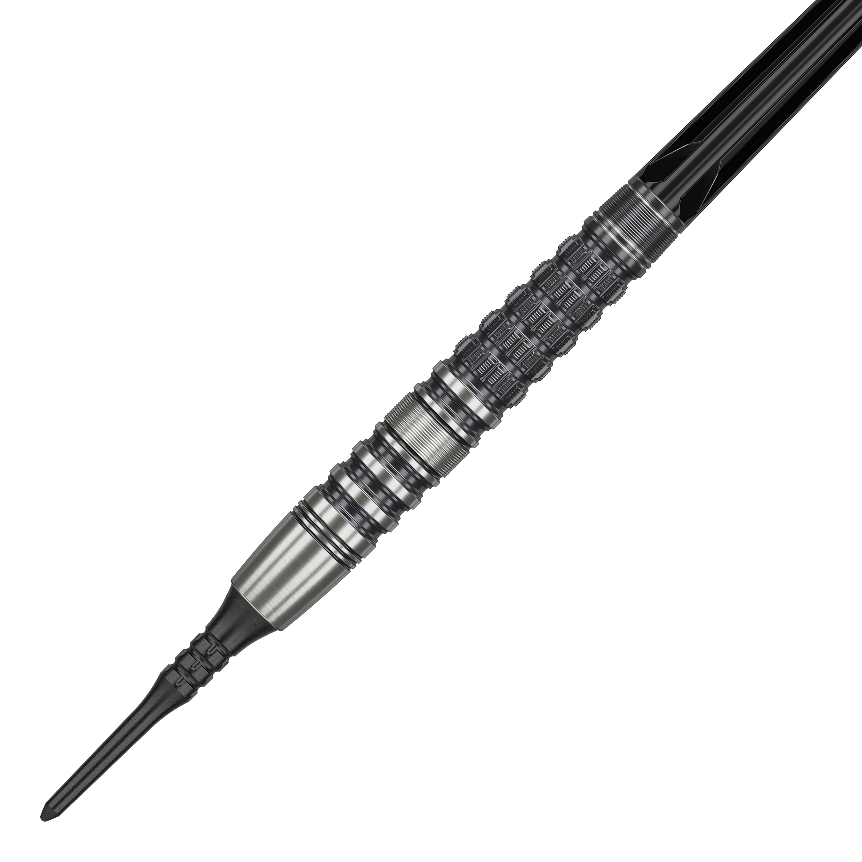 Das Bild zeigt einen Target Japan Black Marque Lumiere GEN3 Softdart mit einem Gewicht von 18,5g. Der Dart ist aus Metall gefertigt und besitzt ein detailliertes, strukturiertes Griffdesign.