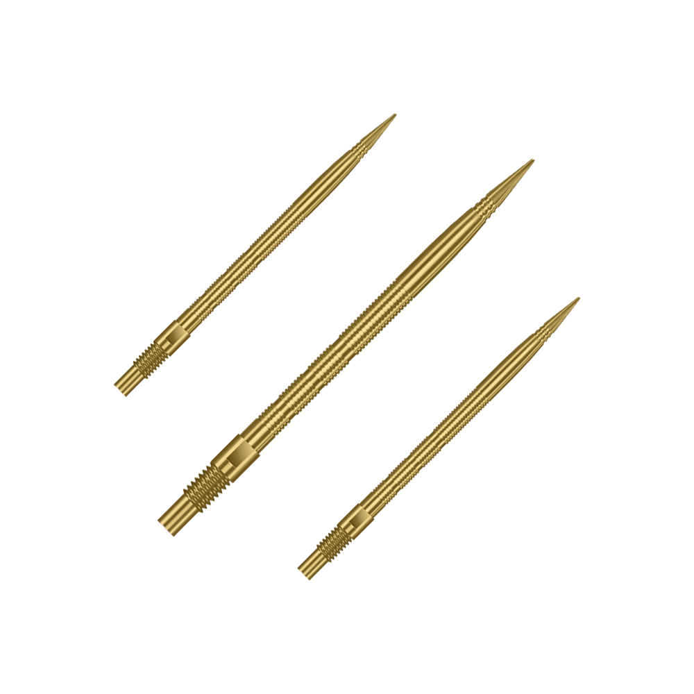 Harrows Quick Point Micro Ridge Dartspitzen - Gold Abgebildet ist ein Set von Harrows Quick Point MicroRidge Dartspitzen in Gold, 35mm. Mehrere Spitzen sind als Set präsentiert.