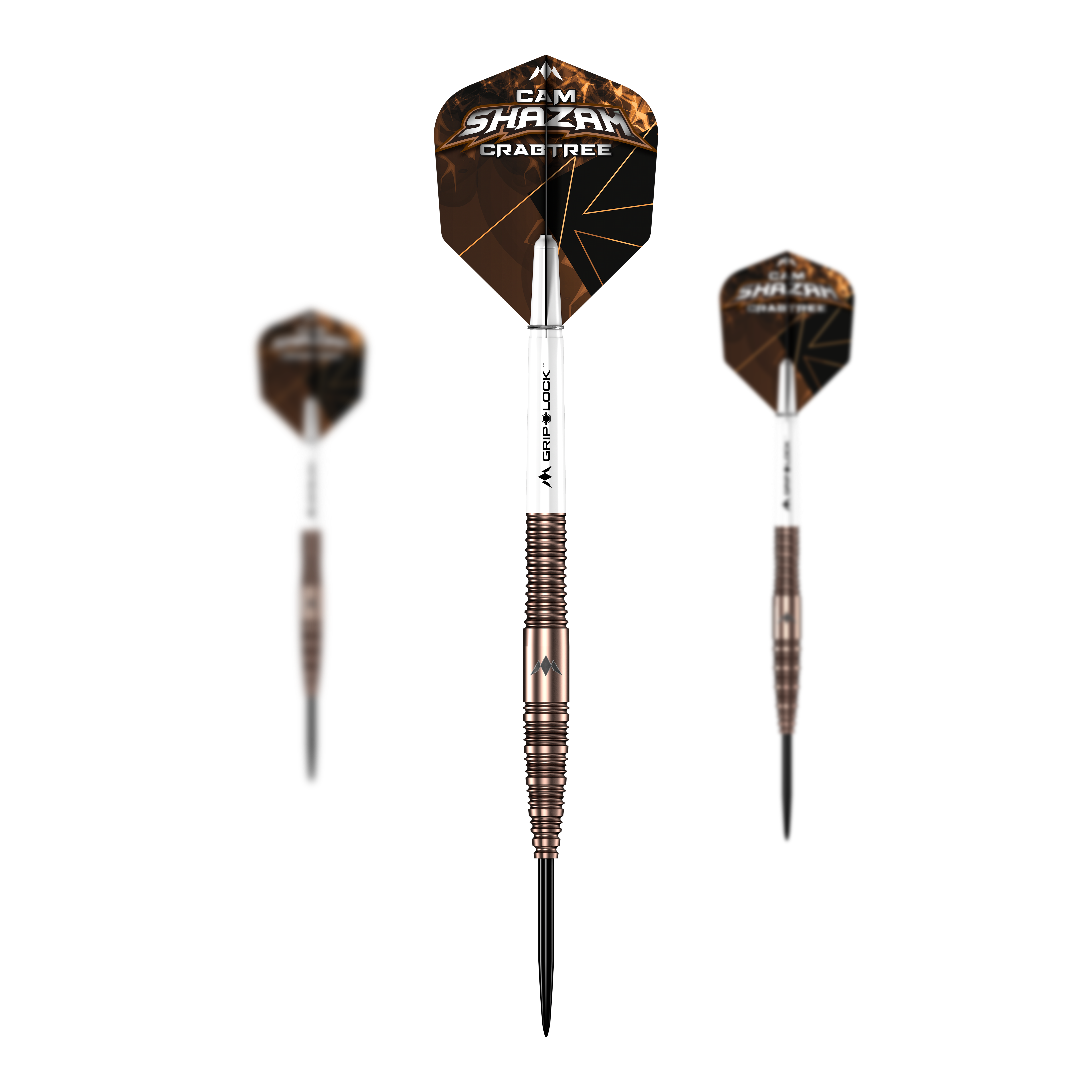 Mission Cam Crabtree V2 95% Tungsten Steeldarts Das Bild präsentiert ein Set der Mission Cam Crabtree V2 Steeldarts. Mehrere Dartpfeile werden gemeinsam gezeigt.