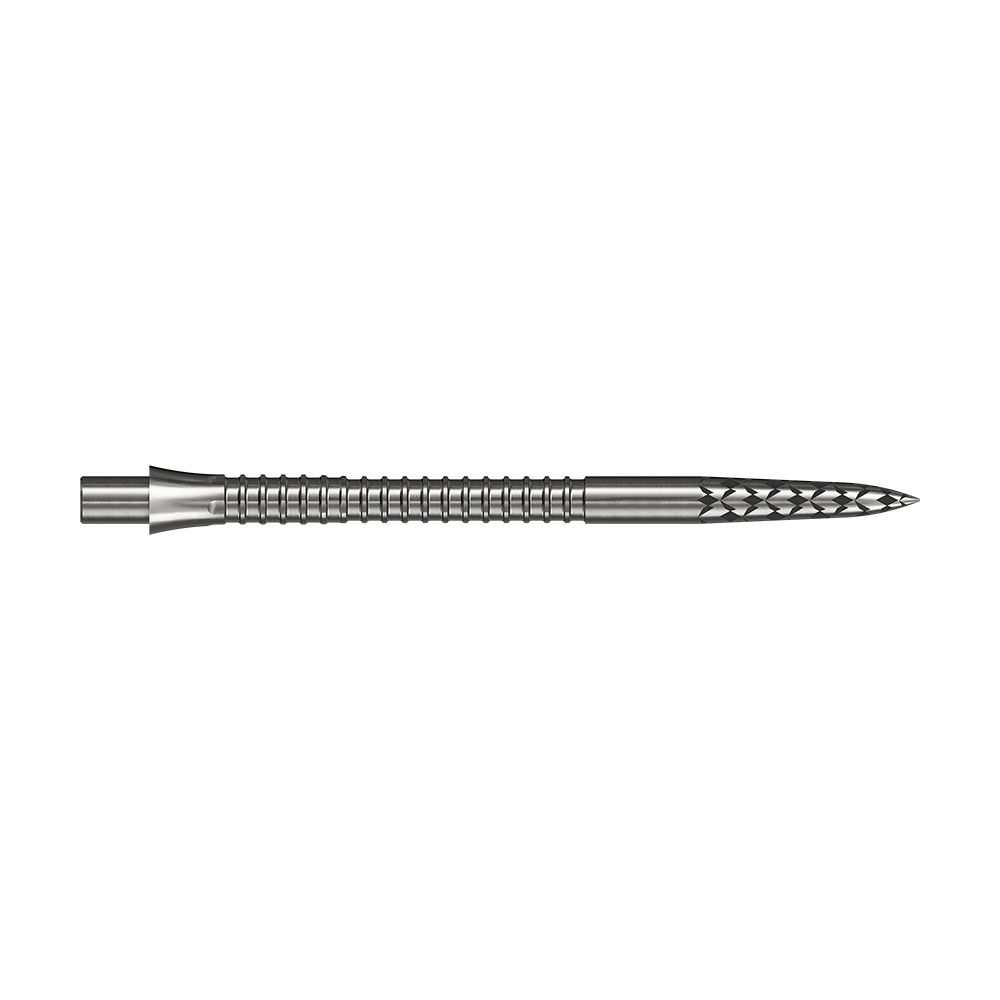 Mission Caliburn EVO Dartspitzen GV-Logo - Silber Hier sind silberne Steeldartspitzen mit einer Länge von 38 mm zu sehen. Die Spitzen werden einzeln dargestellt.