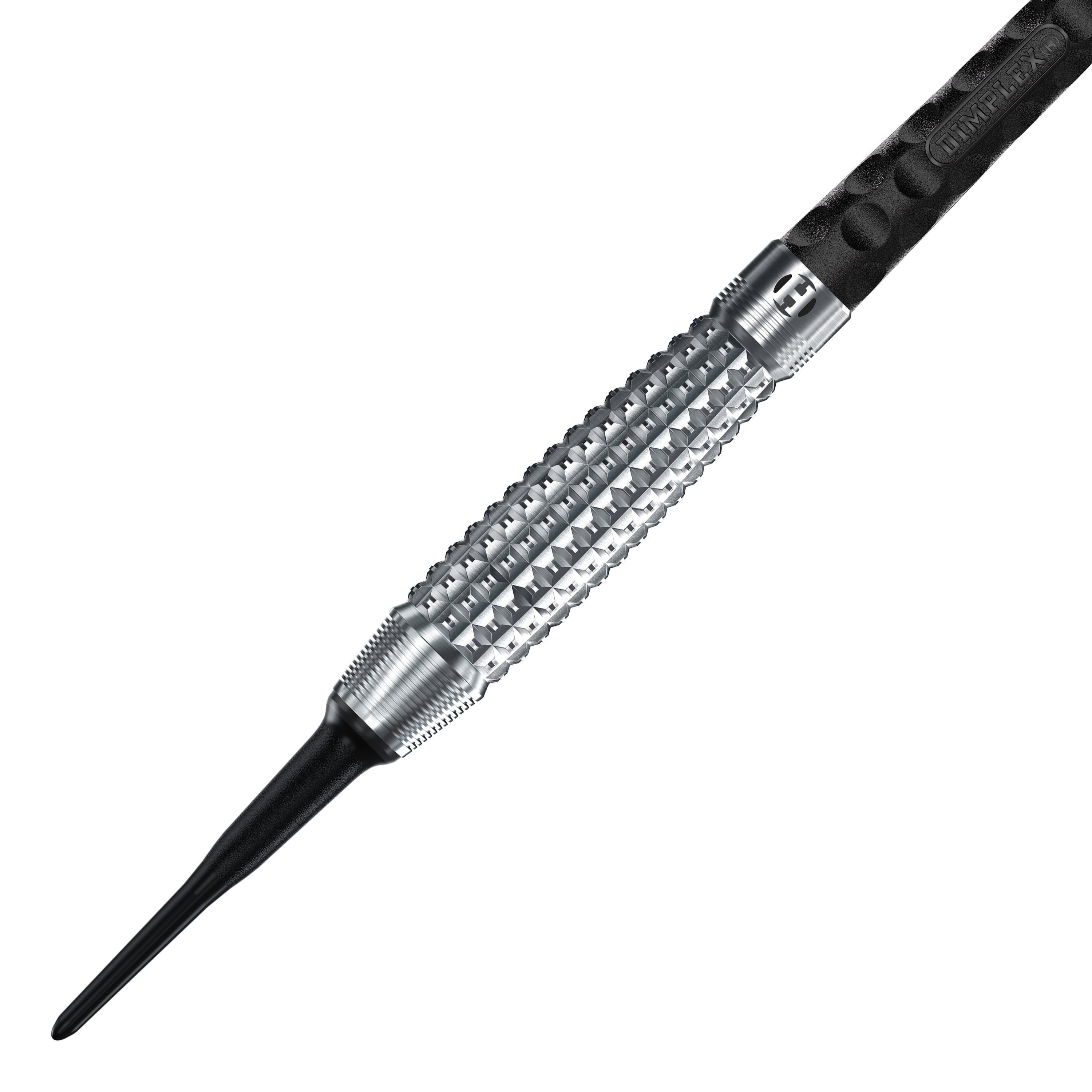 Harrows Dimplex S3 Bomb Softdarts Das Bild zeigt einen Harrows Dimplex S3 Bomb Softdart. Der Dartpfeil hat eine silberne, strukturierte Griffzone und eine schwarze Kunststoffspitze.