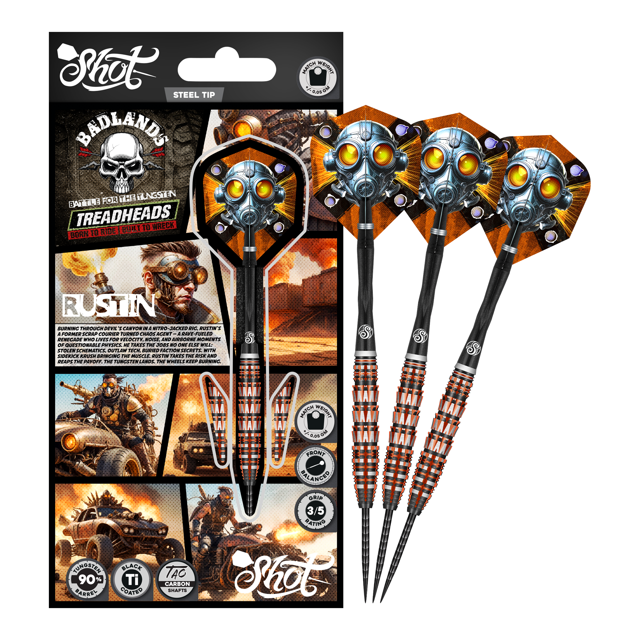 Shot Badlands Rustin Steeldarts - 23g Das Bild präsentiert den Shot Badlands Rustin Steeldarts - 23g. Der komplette Dartpfeil ist abgebildet.