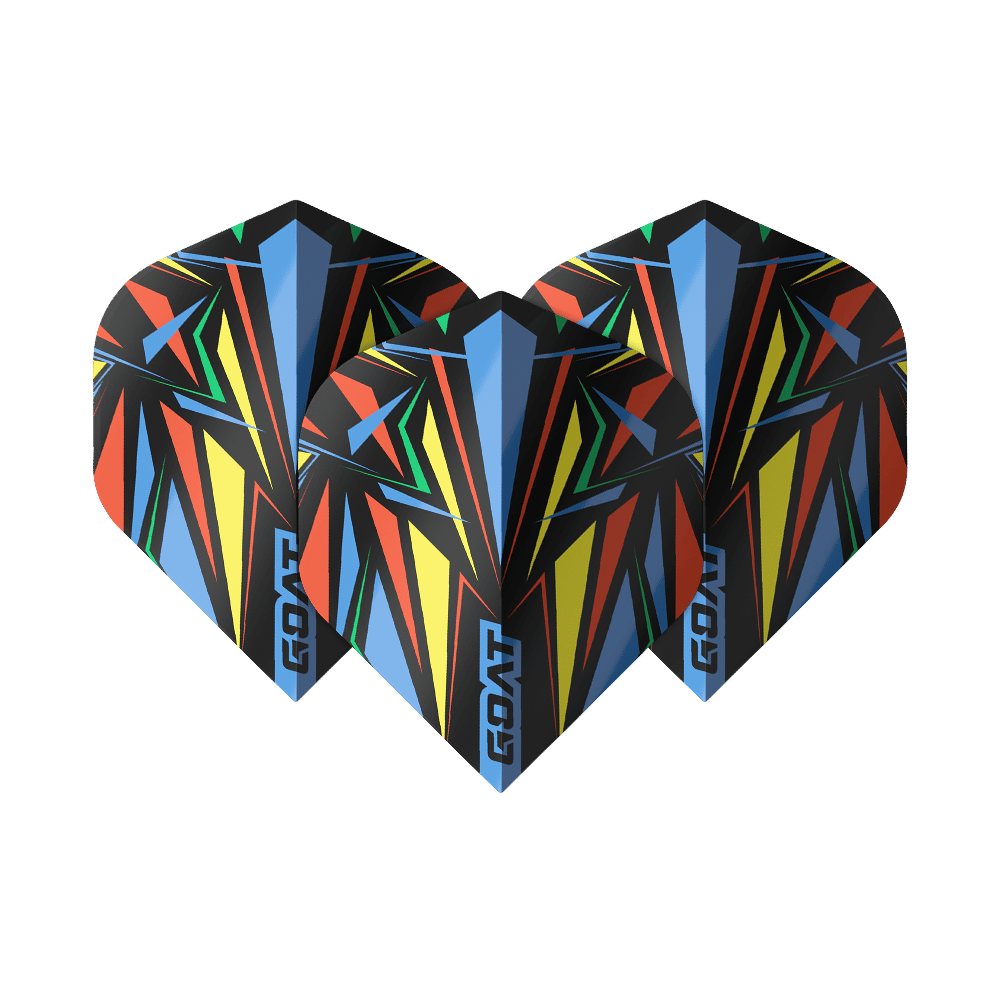 GOAT Athlete Blue No2 Standard Flights Das Bild zeigt drei bunte Dart-Flights mit geometrischem Muster in Blau, Gelb, Rot und Grün. Auf jedem Flight steht das Wort „GOAT“ am unteren Rand.