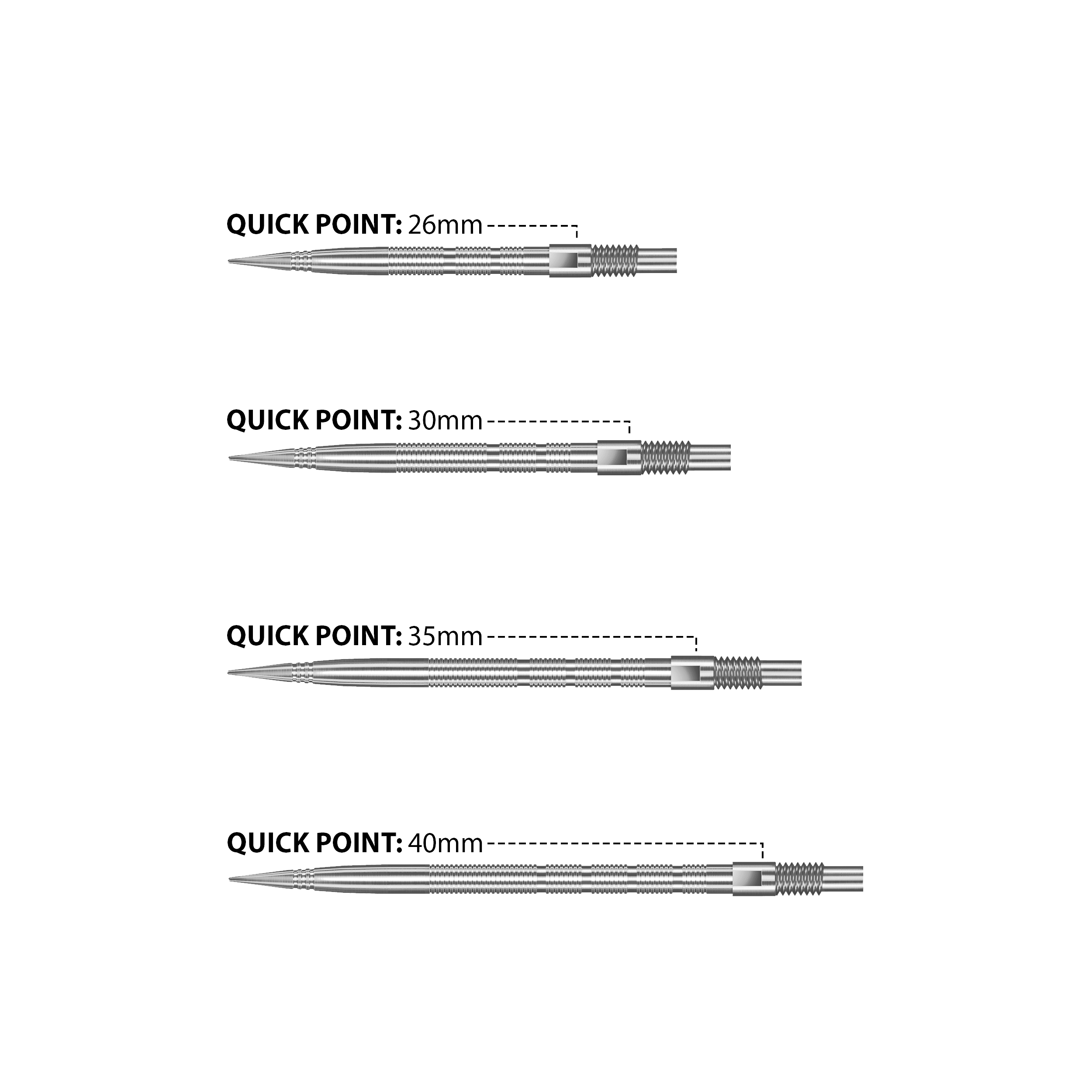 Hier sind Harrows Quick Point Micro Ridge Dartspitzen in Silber zu sehen. Sie haben eine gerillte Oberfläche für besseren Halt.