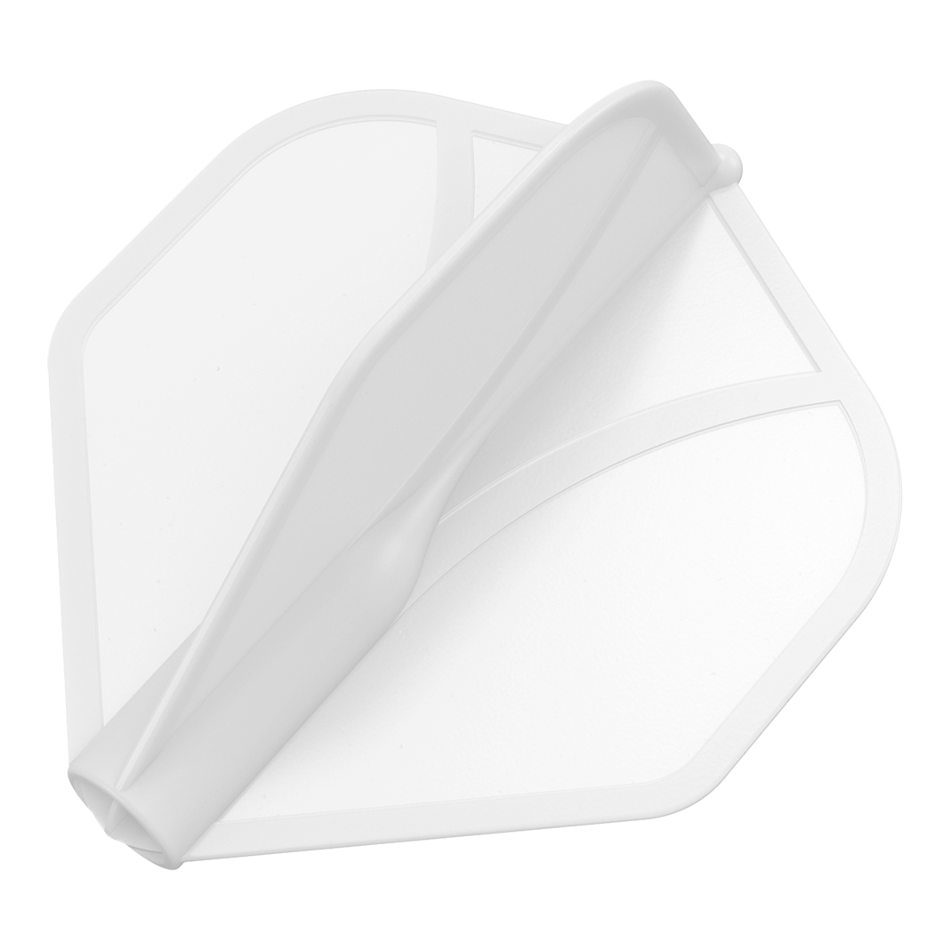 Das Bild zeigt eine transparente Dart-Flügel. Er hat eine aerodynamische Form und ist hauptsächlich weiß.