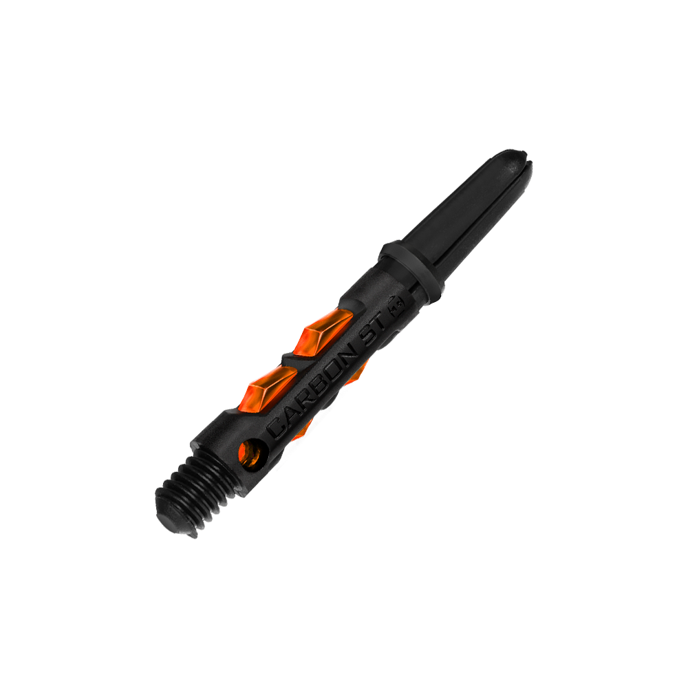 Das Bild zeigt den Harrows Carbon ST Shafts in Orange. Der Schaft ist überwiegend schwarz mit orangefarbenen Akzenten und Schriftzug.