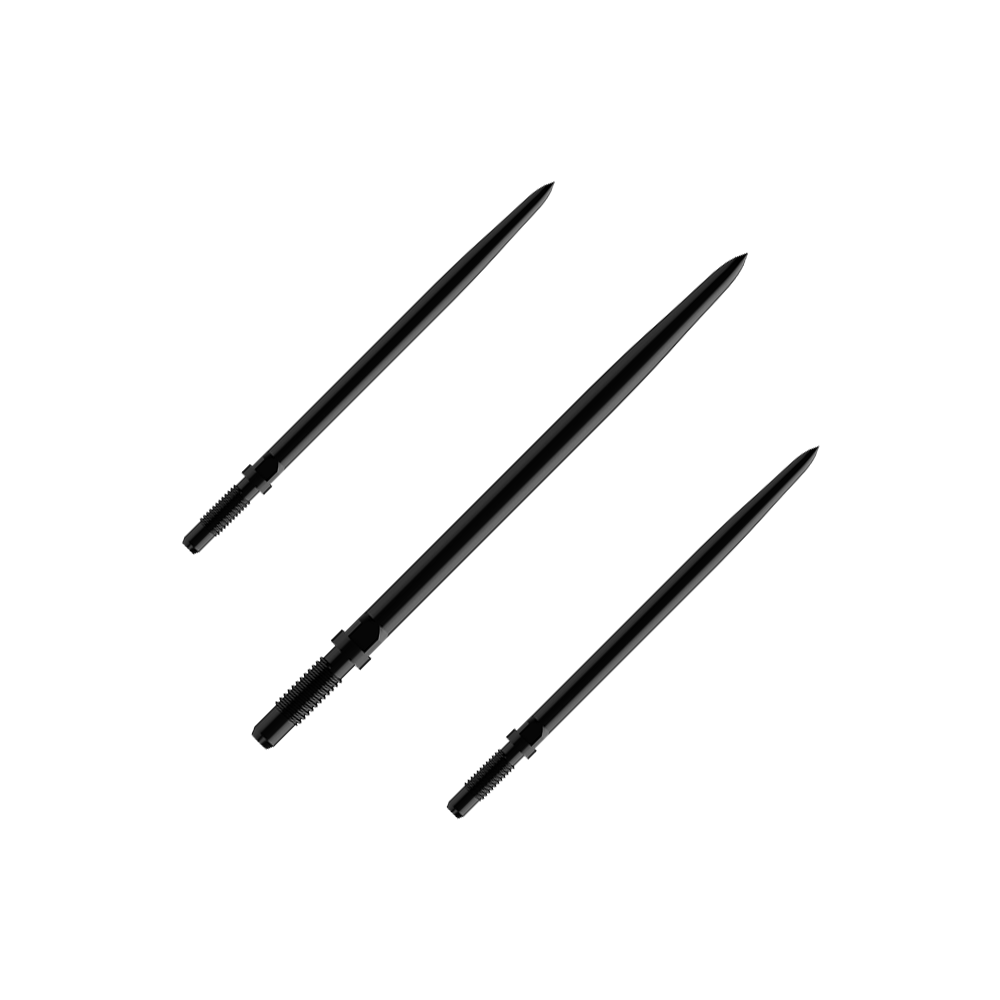 Das Bild zeigt einen Artikel mit dem Namen BU57701_BullsNL_Convertible_Points_Smooth_Schwarz_36mm_1Set. Vermutlich handelt es sich um einen Satz schwarzer, glatter Dartspitzen mit einer Länge von 36 mm.