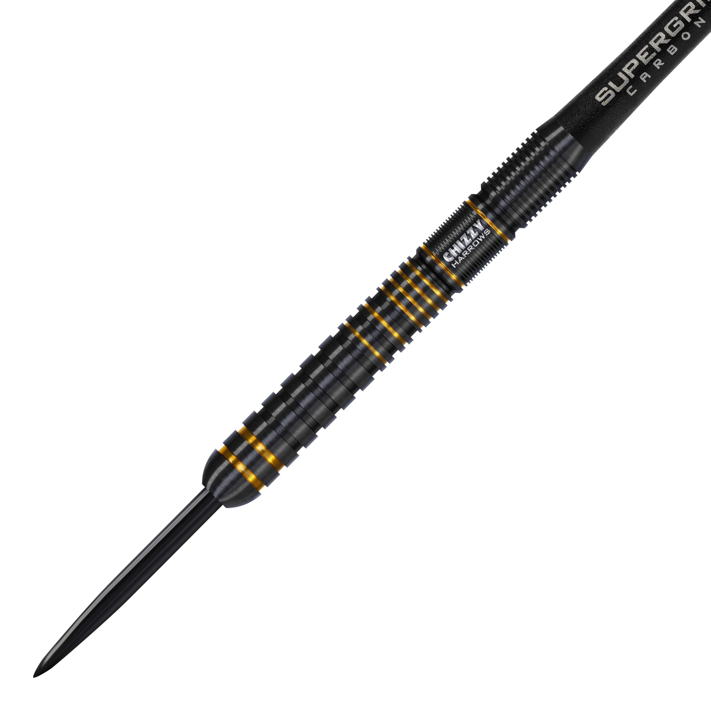 Harrows Dave Chisnall Chizzy Series 3 Steeldarts Das Bild zeigt den Harrows Dave Chisnall Chizzy Series 3 Steeldart. Der Dart ist schwarz mit goldenen Akzenten und hat eine geriffelte Oberfläche für besseren Halt.