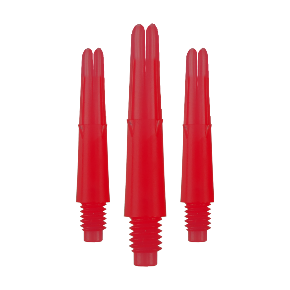 Das Bild zeigt drei rote, gerade Dartschäfte mit Gewinde unten. Sie sind ohne Kappen und haben eine Länge von 26 mm.