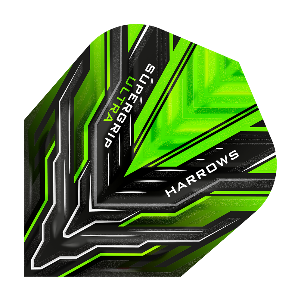 HR11_Harrows_Supergrip_Ultra_Green_Standard_Flights_1q2YYo4XWBmfJw Dies ist ein Harrows Supergrip Ultra Green Standard Flight für Darts. Das Flight ist schwarz und leuchtend grün mit weißen und silbernen Designelementen.