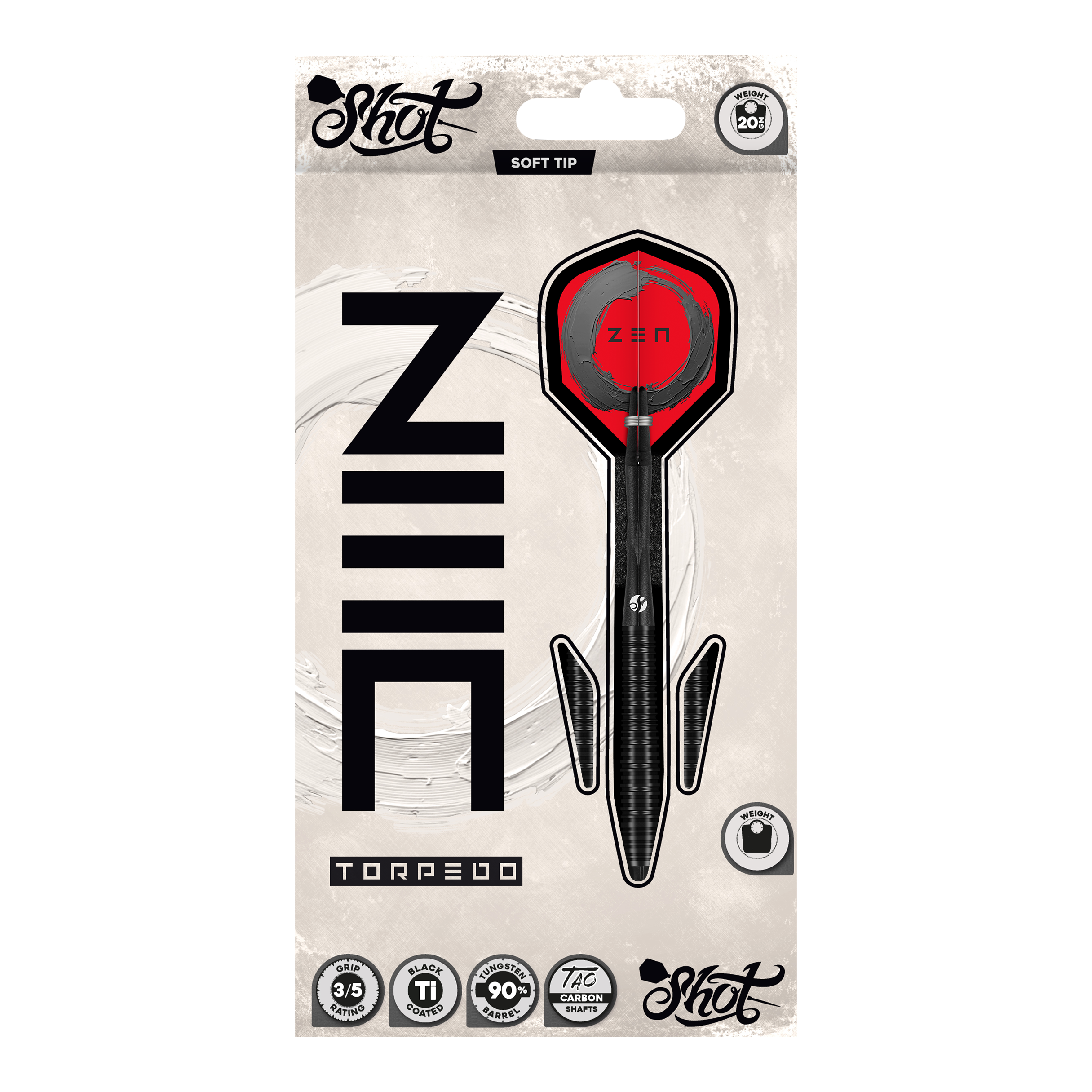 Shot ZEN Torpedo Softdarts - 20g Hier sieht man die Shot ZEN Torpedo Softdarts - 20g aus einer anderen Perspektive. Die Details des Dartpfeils sind deutlich erkennbar.