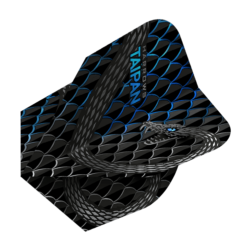 HR26_Harrows_Taipan_Aqua_Standard_Flights_2 Das Bild zeigt das Produkt "Harrows Taipan Standard Flights". Das Design ist schwarz mit einem Schuppenmuster und zeigt eine stilisierte Schlange sowie den Produktnamen in blauer Schrift.