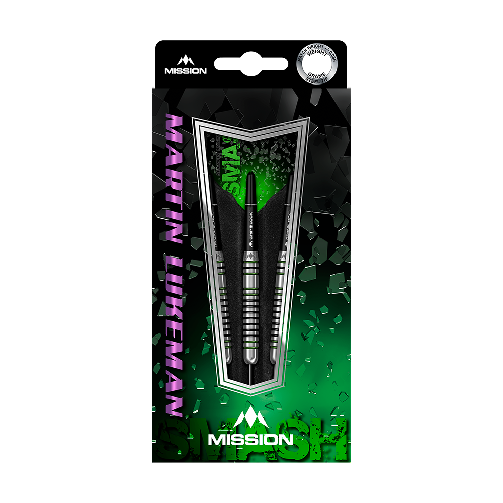 M001006_Mission_Martin_Lukeman_Smash_Steeldarts_3 Auf dem Bild ist die Verpackung der "Mission Martin Lukeman Smash Steeldarts - 23g" zu sehen. Die Darts sind in einer auffälligen, grün-schwarzen Verpackung mit dem Namen des Produkts und des Spielers abgebildet.