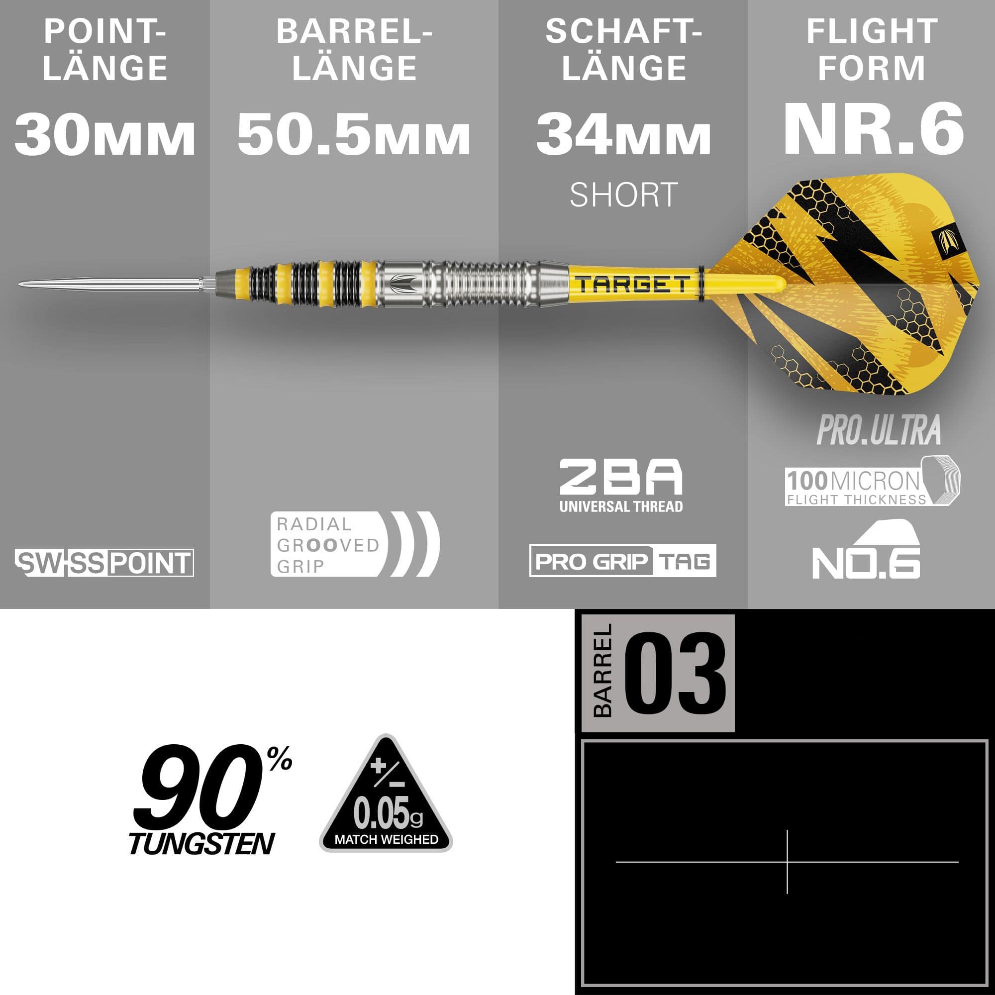Abgebildet sind Target Buzz 03 Swiss Points Steeldarts. Das Produkt zeichnet sich durch ein elegantes Design aus.