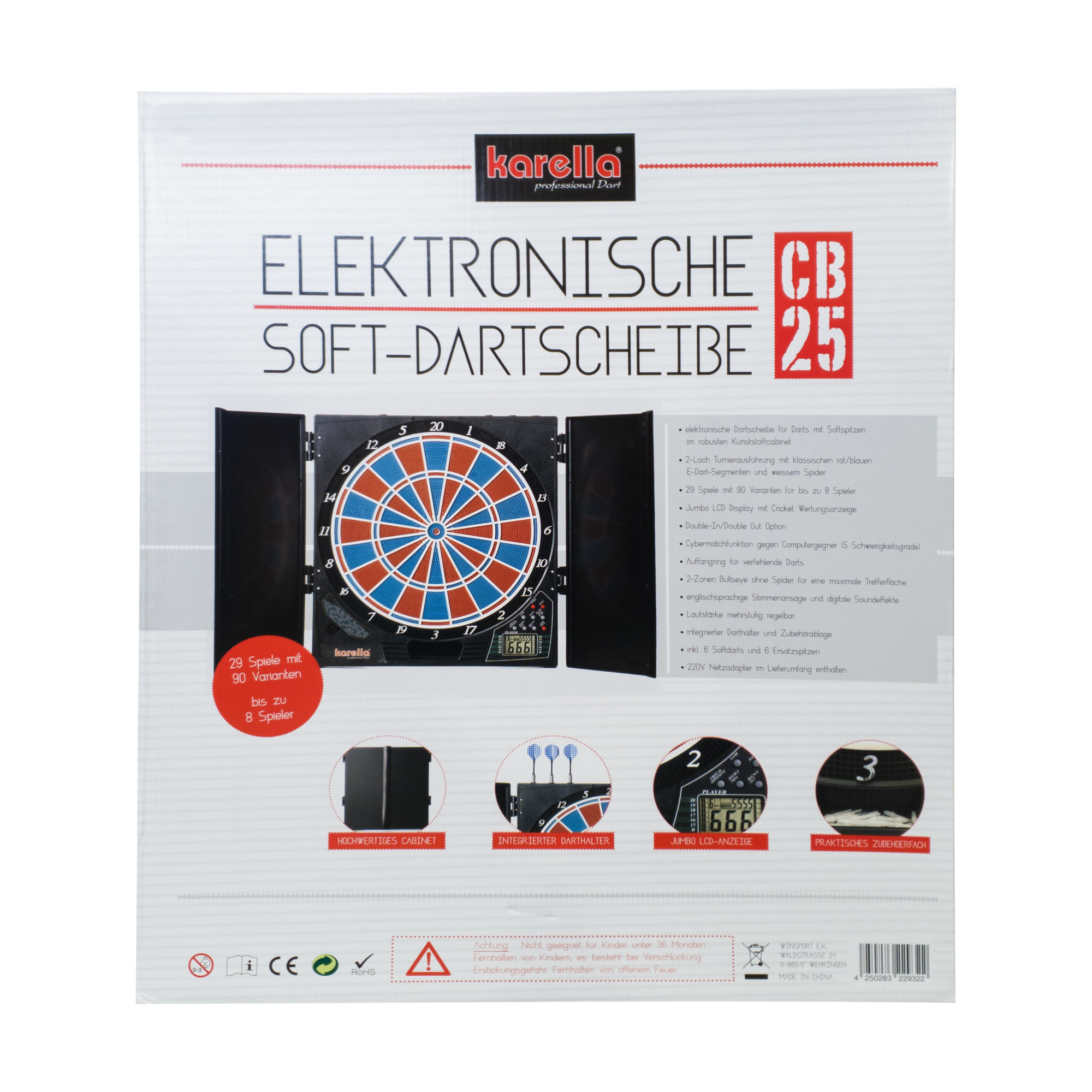 Elektronische Dartscheibe CB 25 Turnierausführung Die Abbildung zeigt die Verpackung der elektronischen Soft-Dartscheibe CB 25 von Karella. Auf der Vorderseite sind Produktmerkmale und Bilder der Dartscheibe mit Zubehör abgebildet.