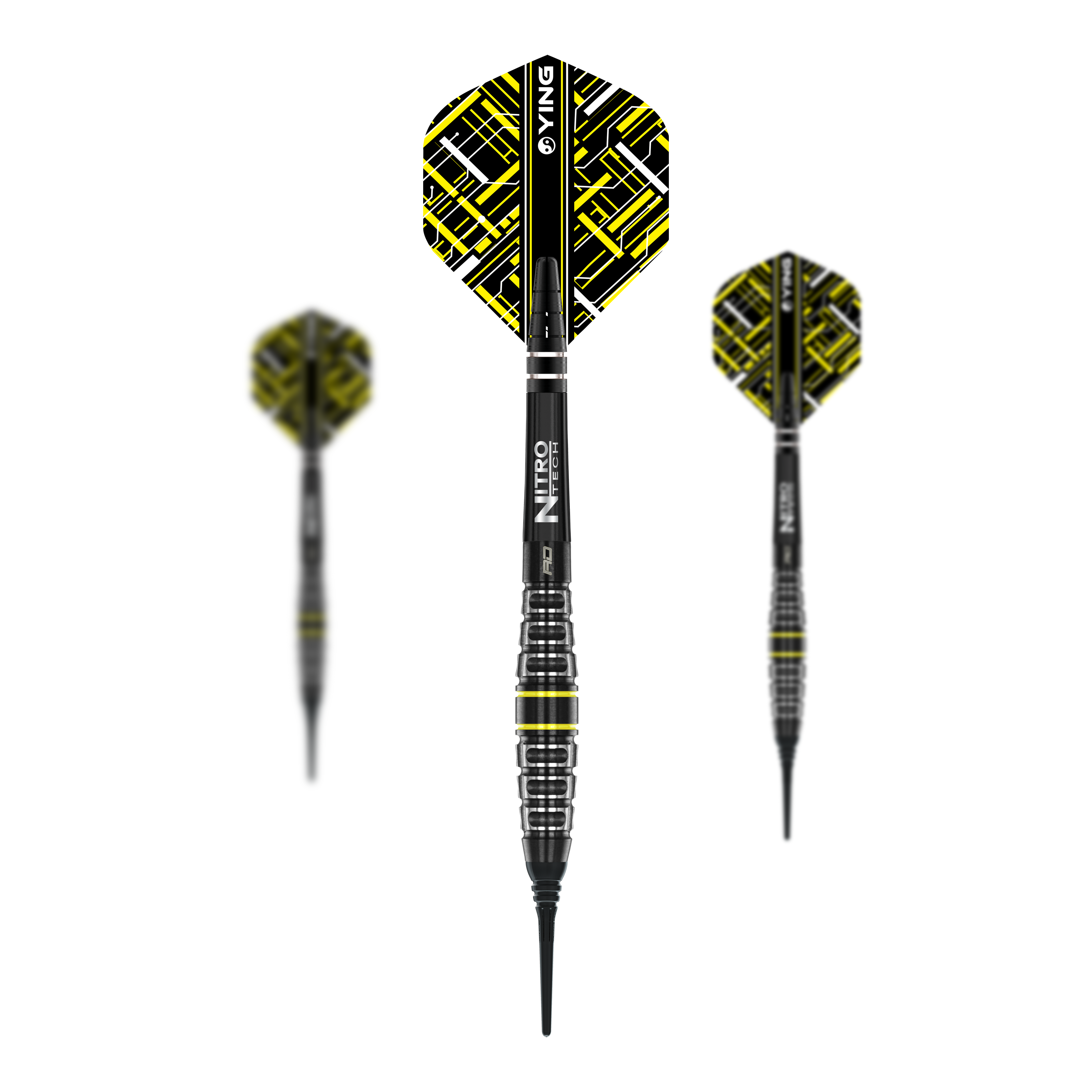 Red Dragon Astraeus Q4X Torpedo Softdarts - 20g Das Bild zeigt drei Softdarts des Modells "Red Dragon Astraeus Q4X Torpedo - 20g". Die Darts haben schwarze Schäfte mit gelben und weißen Akzenten und ein auffälliges Flight-Design.