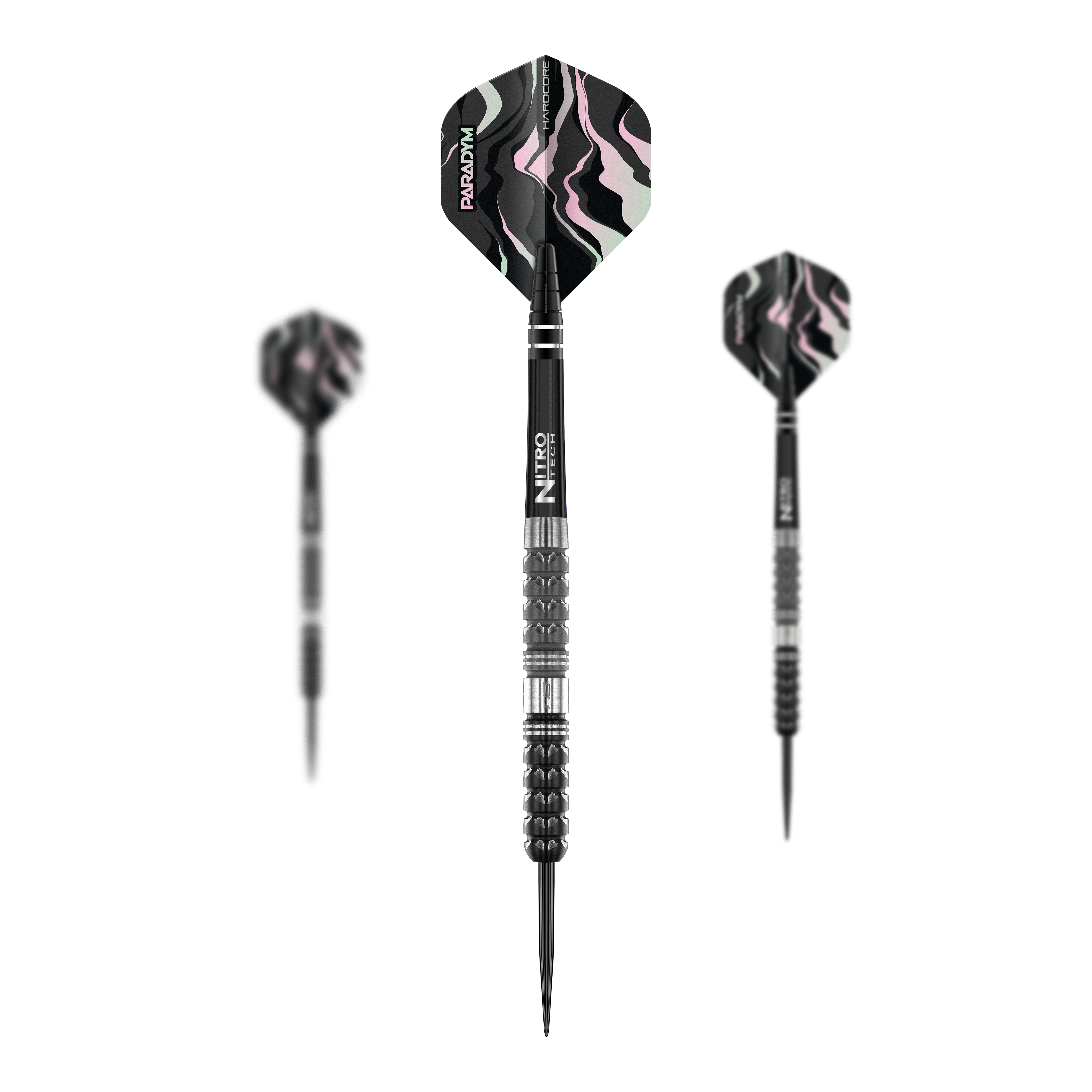Red Dragon Paradym Tapered Steeldarts Auf dem Bild sind drei Red Dragon Paradym Tapered Steeldarts zu sehen. Die Darts haben ein schwarzes Design mit silbernen Akzenten und gemusterten Flights.