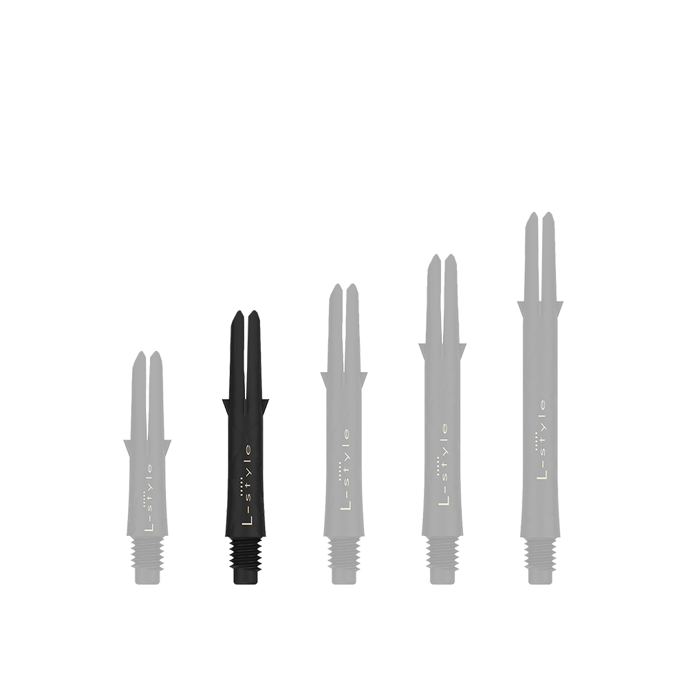 L-Style Carbon Shafts 190 Auf dem Bild sind fünf schwarze L-Style Carbon Shafts für Darts in verschiedenen Längen zu sehen. Sie stehen nebeneinander, ohne Kappen, auf einem hellen Hintergrund.