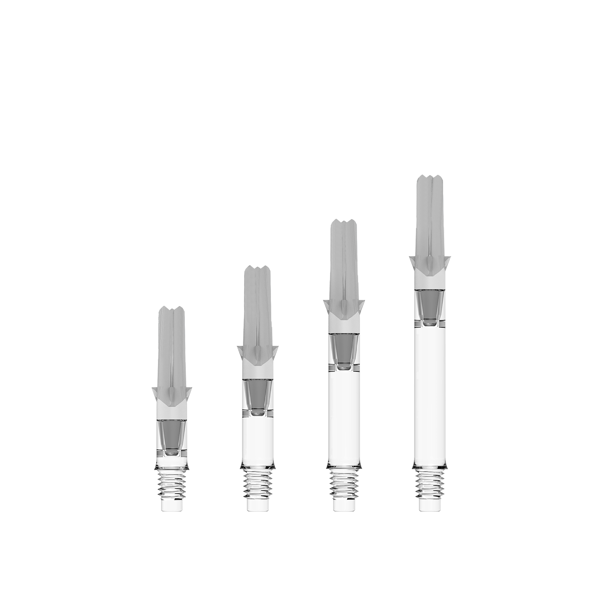 L-Style L-Shafts Silent Straight - Clear Das Bild zeigt vier durchsichtige L-Style L-Shafts Silent Straight in unterschiedlichen Längen. Sie sind nebeneinander auf weißem Hintergrund angeordnet.