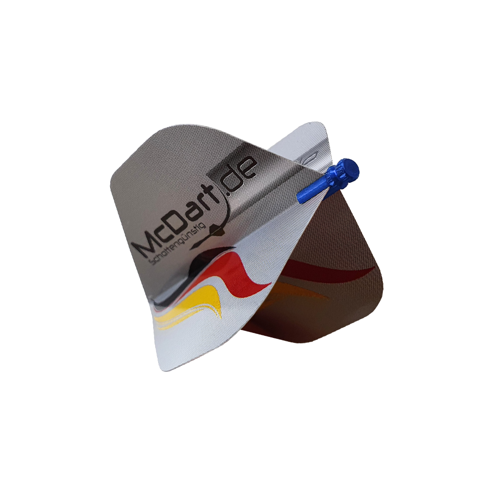 609_Alu_Flightschoner_Blau_2 Das Bild zeigt einen Alu Flightschoner, der an einem Dartflight befestigt ist. Auf dem Flight ist das Logo "McDart.de" sowie eine rot-gelbe Welle zu sehen.