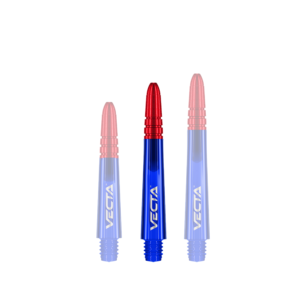 Auf dem Bild sind drei Dartschäfte in Blau und Rot zu sehen. Sie tragen die Aufschrift "VECTA" und haben eine Länge von 37 mm.
