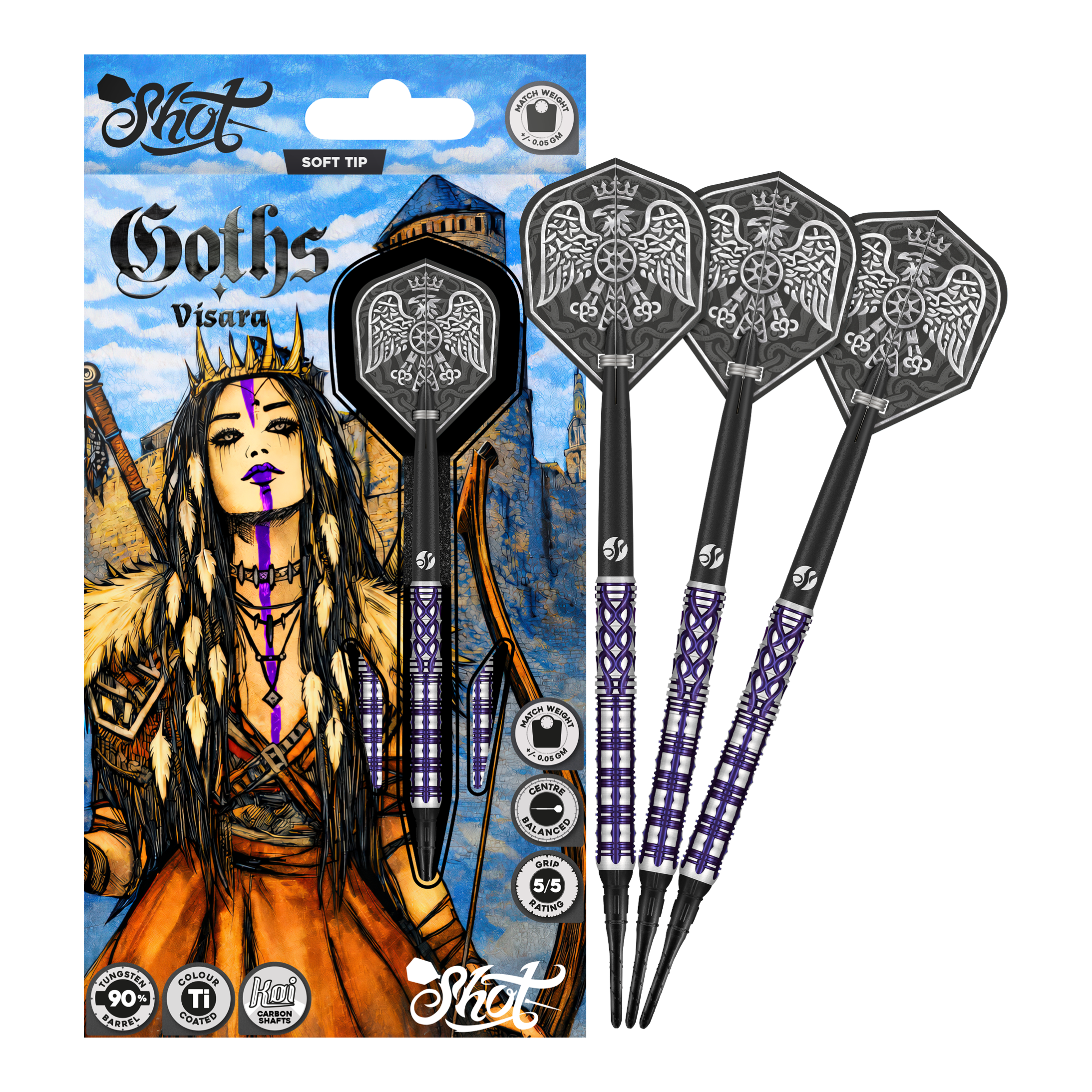 Shot Goths Visara Softdarts - 20g Das Bild zeigt die Shot Goths Visara Softdarts - 20g. Diese Softdarts sind leicht und hochwertig verarbeitet.