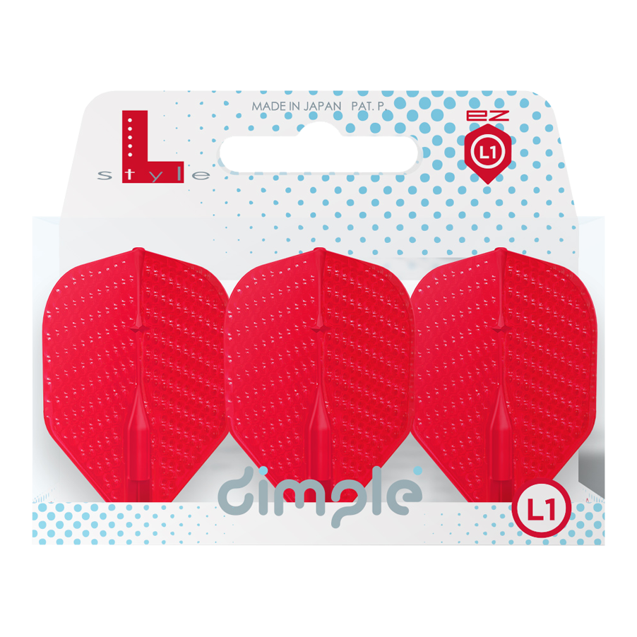 Auf dem Bild sind drei rote Dart-Flights in einer Verpackung zu sehen. Die Marke „L-style“ und das Wort „dimple“ stehen auf der Verpackung.