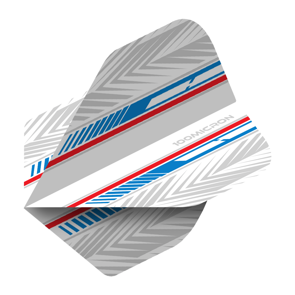 Pentathlon Flights weiß/blau/rot Das Bild zeigt einen Pentathlon White Blue Red No2 Standard Flight für Darts. Das Design besteht aus weißen, blauen und roten Streifen mit silbergrauen Mustern.