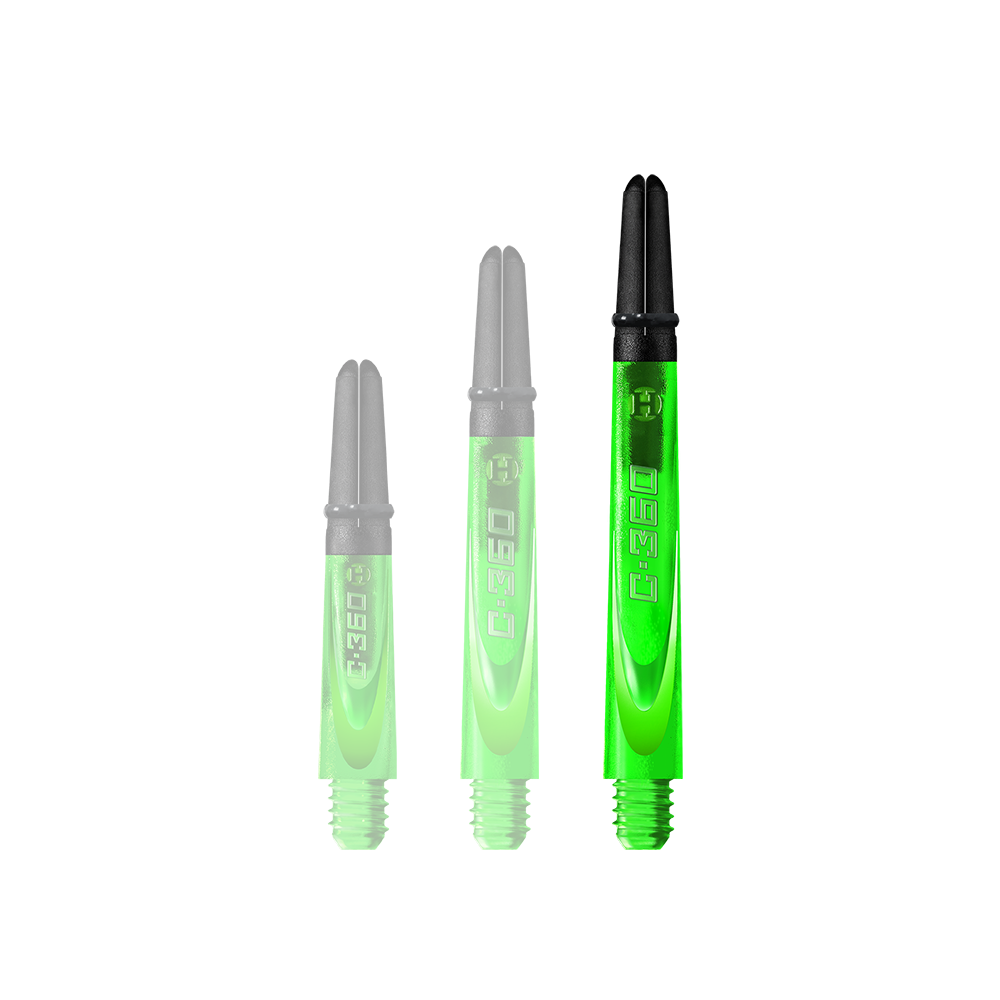 HR454_Harrows_Carbon_360_Shafts_Gr-n_49mm_1 Auf dem Bild sind drei leuchtend grüne Dartschäfte in unterschiedlichen Längen zu sehen. Jeder Schaft hat ein schwarzes Oberteil und die Aufschrift "C.360" auf der Seite.