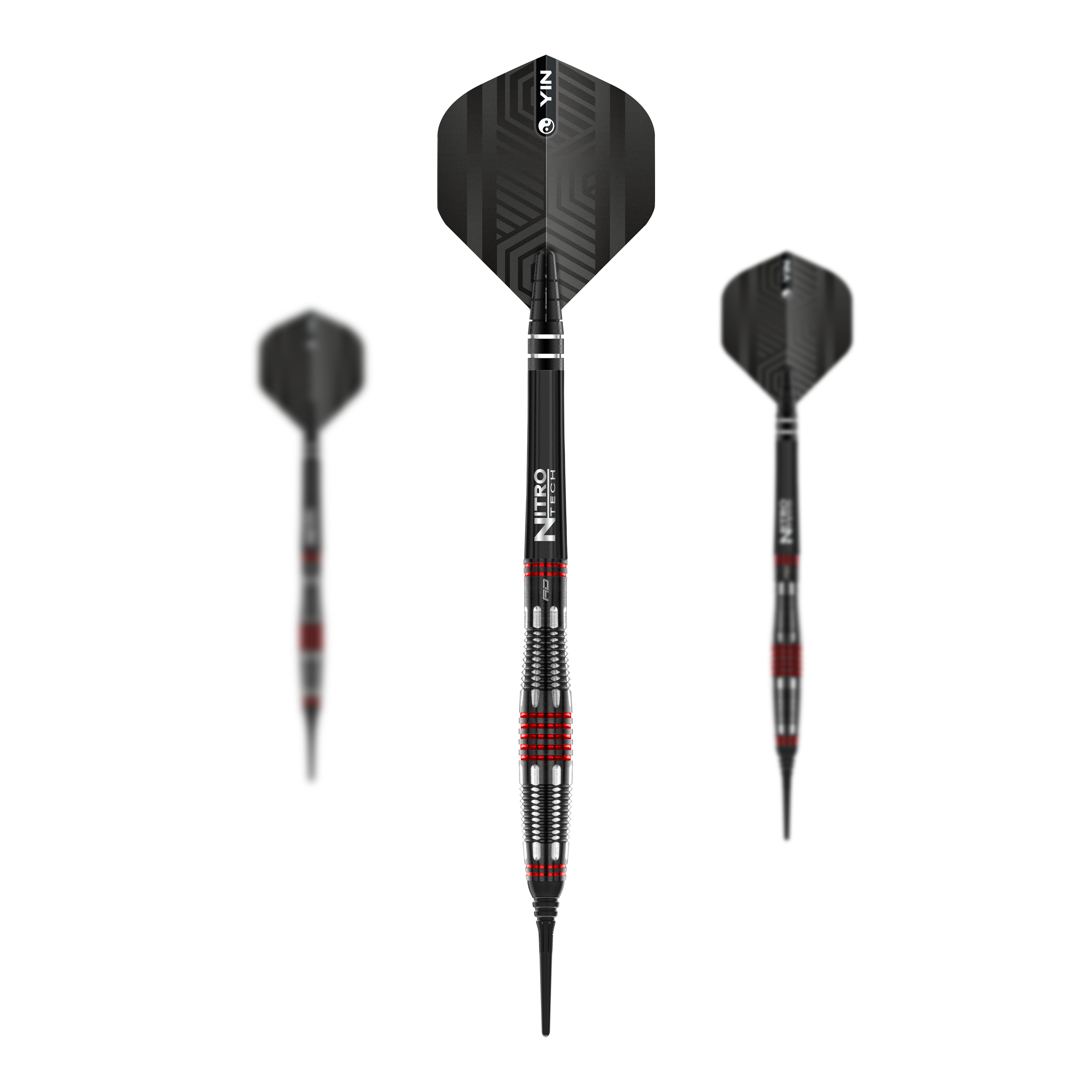 Red Dragon Marlin Venom Softdarts - 22g Das Bild zeigt drei Softdarts des Modells "Red Dragon Marlin Venom" mit einem Gewicht von 22g. Die Darts sind in Schwarz mit roten und silbernen Akzenten gestaltet.