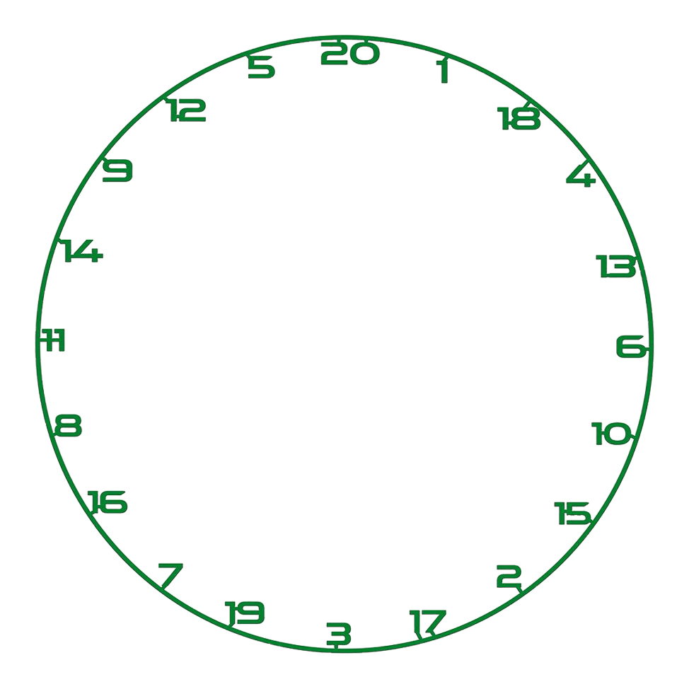Bullet Dartboard Zahlenring Ein Zahlenring für ein Dartboard mit klarer Ziffernstruktur liegt auf weißem Hintergrund. Das Material glänzt leicht.