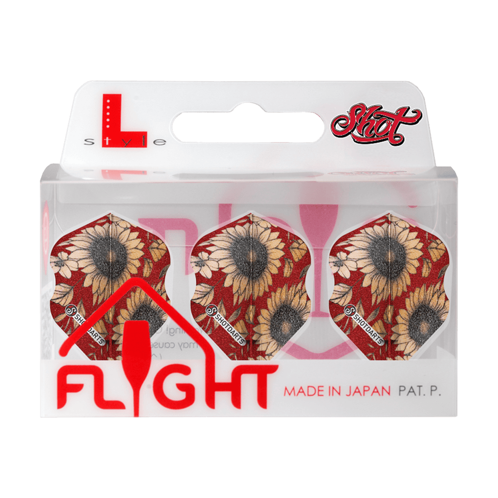 SF5438_Shot_L-Style_Sunflower_L1EZ_Flights_3tggZuamps70Qm Das Bild zeigt eine Packung mit Shot L-Style Sunflower L1EZ Flights. Die Flights haben ein Sonnenblumenmuster auf rotem Hintergrund und sind in einer transparenten Verpackung zu sehen.