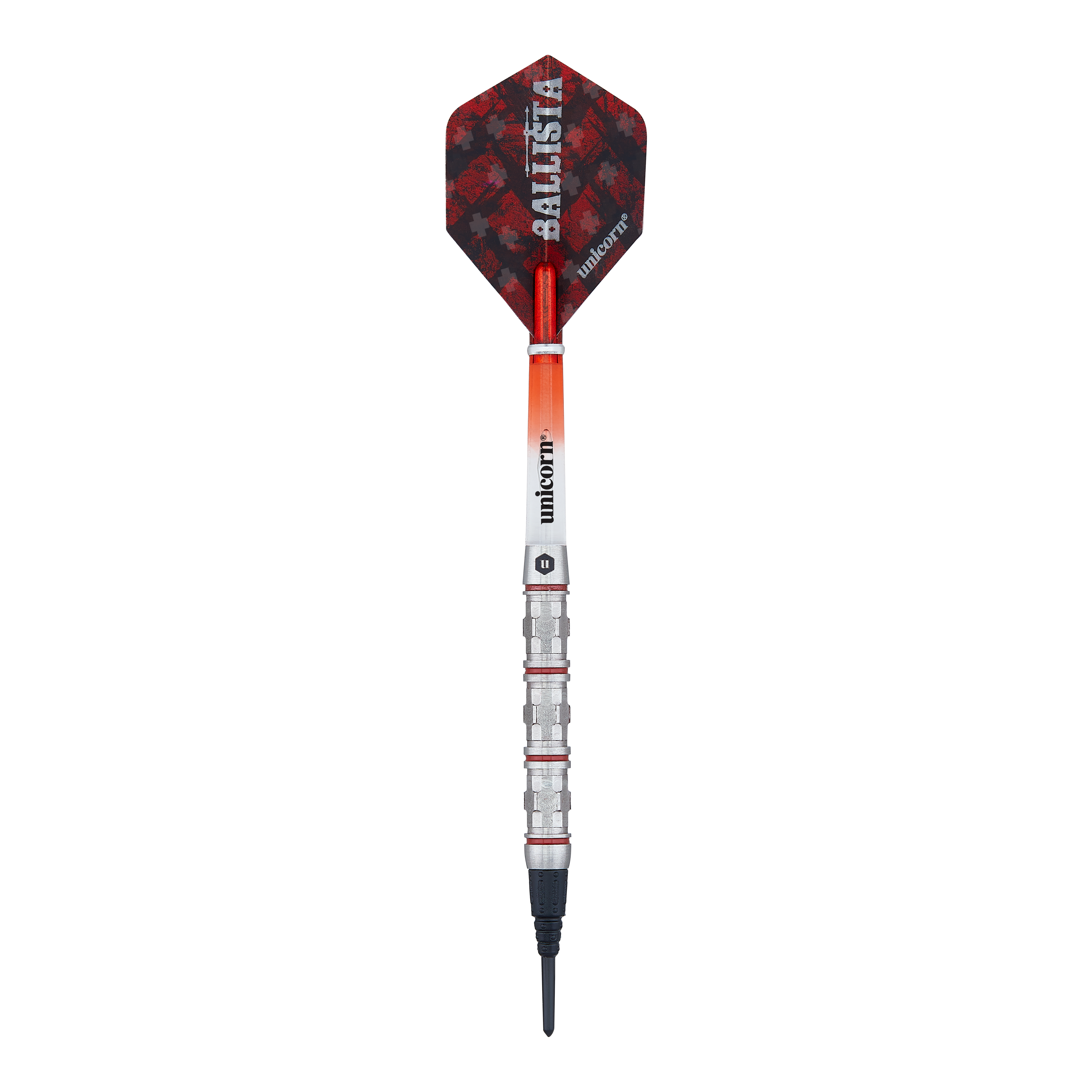 Unicorn Ballista Style 4 Softdarts Das Bild zeigt einen Softdart der Marke Unicorn, Modell Ballista Style 4. Der Dart hat rote und schwarze Flights sowie einen silbernen, gerillten Barrel.