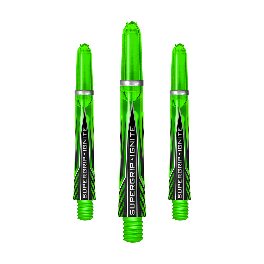 HR390_Harrows_Supergrip_Ignite_Shafts_Gr-n_40mm_1twMDBP71eqkB2 Das Bild zeigt drei grüne Harrows Supergrip Ignite Shafts. Sie sind nebeneinander angeordnet und haben ein modernes, transparentes Design mit schwarzer und silberner Beschriftung.