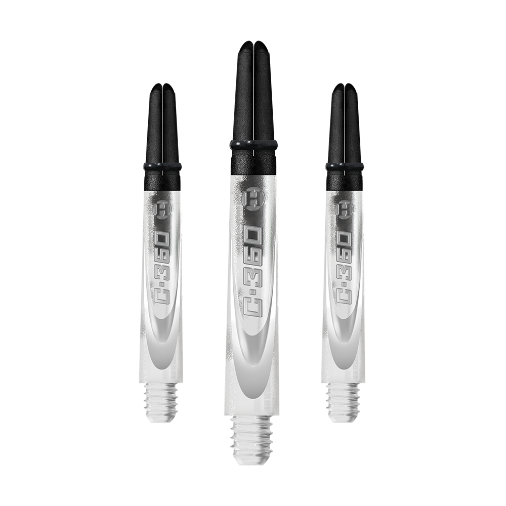 HR447_Harrows_Carbon_360_Shafts_Clear_42mm_1aWgf7bVQ9n2A4 Das Bild zeigt drei transparente Dartschäfte mit schwarzem oberen Ende. Auf jedem Schaft steht die Aufschrift "C-360".