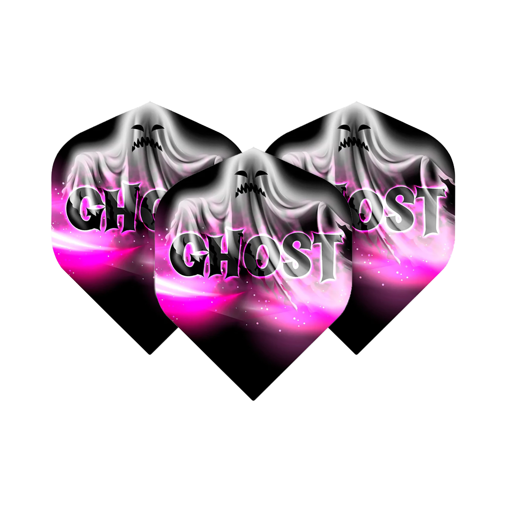 Mission Solo Bailey Marsh No2 Standard Flights Das Bild zeigt drei Dart-Flights mit dem Aufdruck „GHOST“ und einem stilisierten Geist auf einem schwarz-rosa Hintergrund. Es handelt sich um das Produkt "Mission Solo Bailey Marsh No2 Standard Flights".