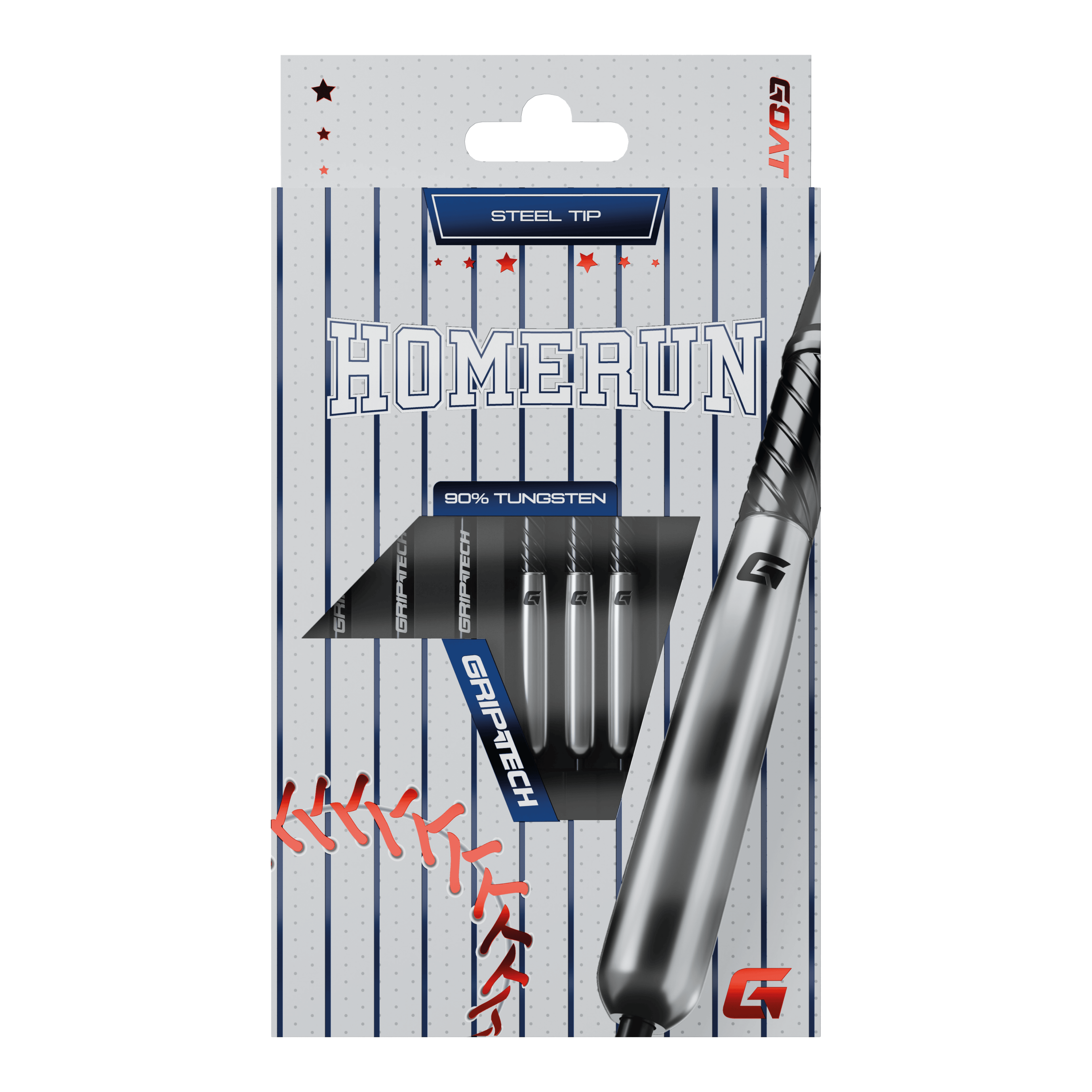 GOAT Homerun Baseball Tungsten Steeldarts Das Bild zeigt die Verpackung der "GOAT Homerun Baseball Tungsten Steeldarts" mit Stahlspitze. Auf der Vorderseite sind drei Darts sowie baseballtypische Designelemente abgebildet.
