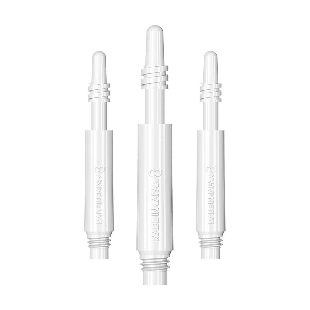 400315_8Flight_Regular_Spin_Shafts_White_19mm_1 Das Bild zeigt drei weiße 8 Flight Regular Spin Shafts. Die Schäfte sind schlank und haben eine glatte Oberfläche mit der Aufschrift "MADE IN JAPAN".