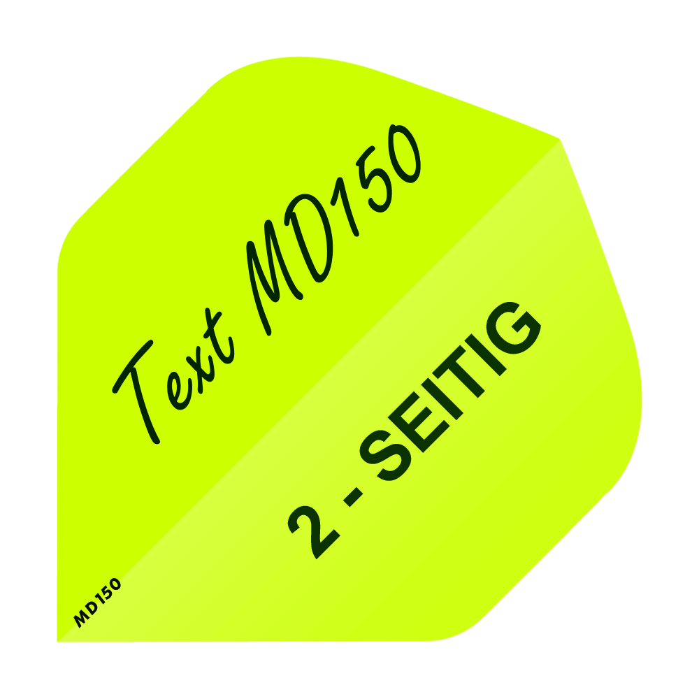 MD-205_2-Seitig_Bedruckte_Flights_Wunschtext_MD150_Neongelb_Standard_1 Das Bild zeigt ein neon-gelbes Quadrat mit dem Text „Text MD150“ und „2-SEITIG“. In der linken unteren Ecke steht zusätzlich „MD150“.