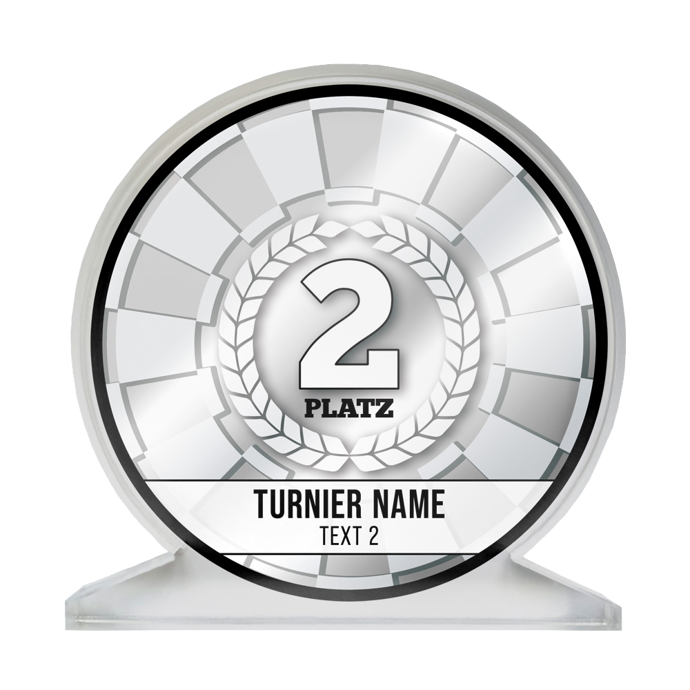 Dies ist ein silberner Pokal für den 2. Platz. Auf dem Pokal steht "2 Platz" und darunter ist Platz für den Turniernamen und weiteren Text.