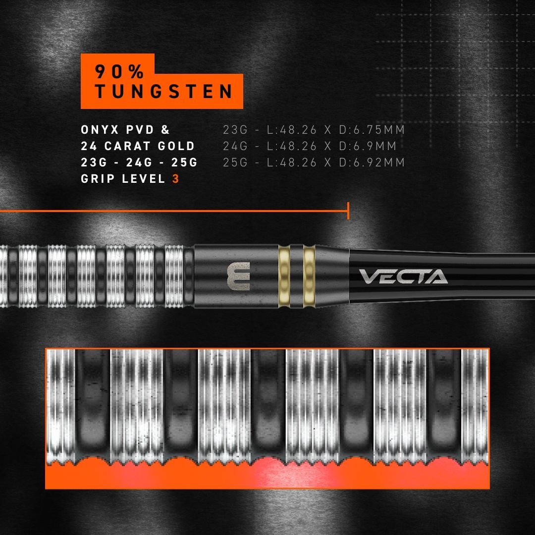 Das Produkt ist Winmau Gian Van Veen TS Switch Point Steeldarts. Die Abbildung zeigt die schlanken Darts aus der Nähe.