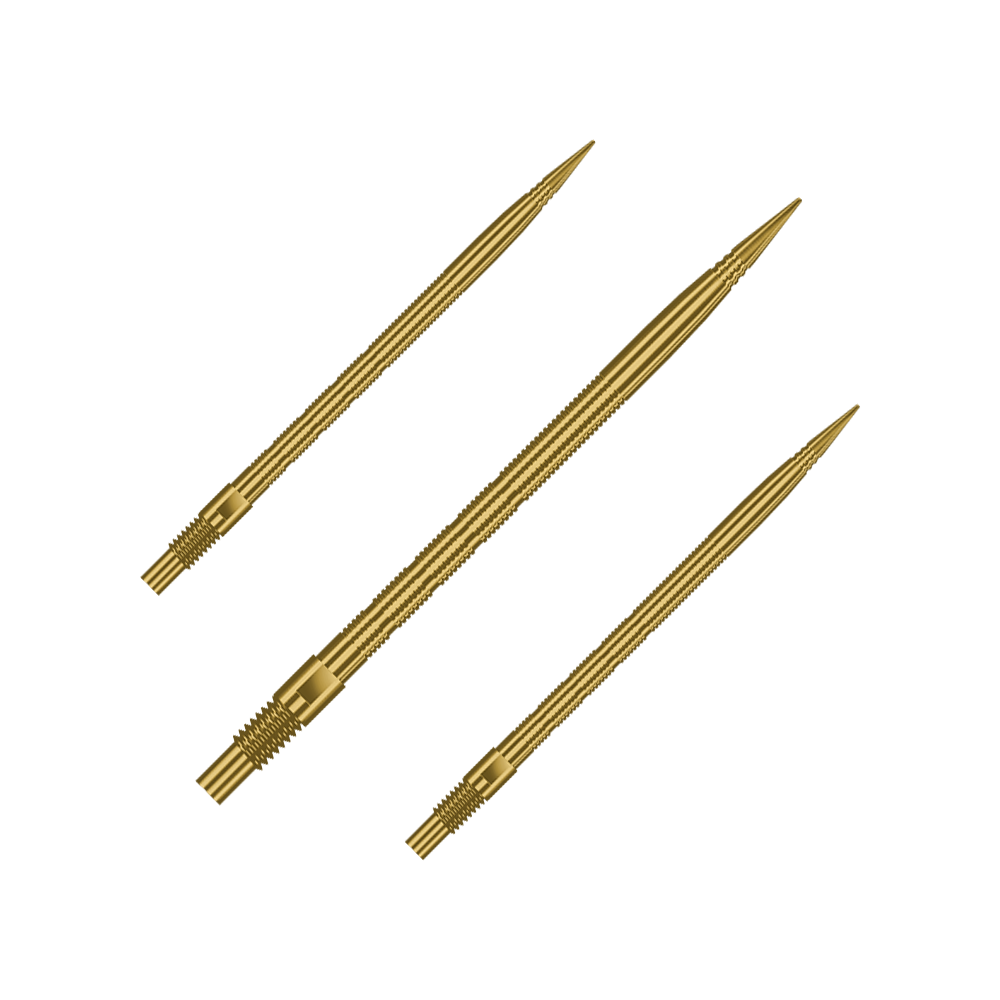 Gezeigt wird ein Set von Harrows Quick Point MicroRidge Dartspitzen in Gold, 40mm. Verschiedene Spitzen sind nebeneinander angeordnet.