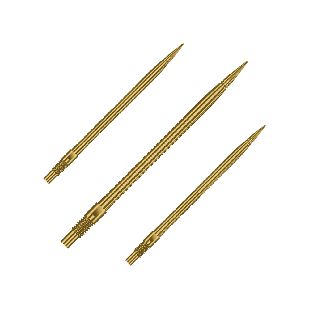 Harrows Quick Point Micro Ridge Dartspitzen - Gold Gezeigt wird ein Set von Harrows Quick Point MicroRidge Dartspitzen in Gold, 40mm. Verschiedene Spitzen sind nebeneinander angeordnet.