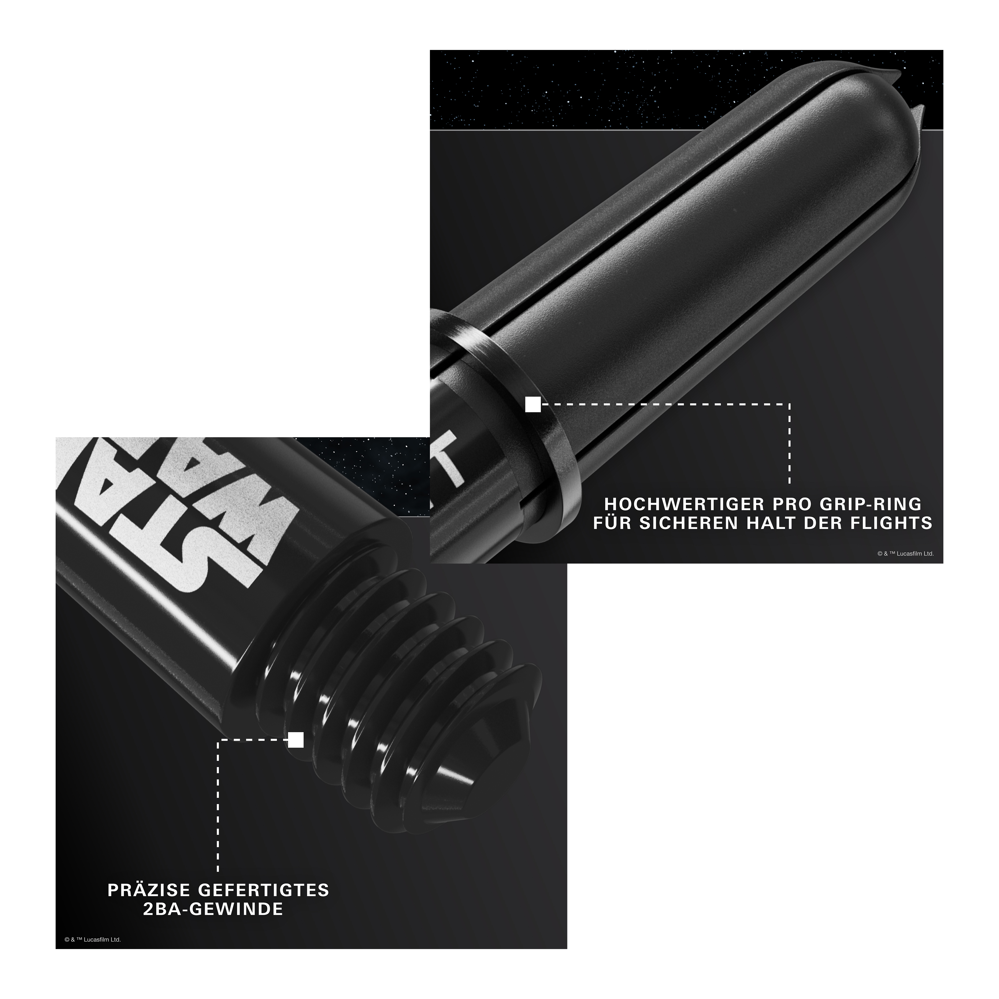 Target Star Wars ProGrip Shafts - Schwarz Target Star Wars ProGrip Shafts in Schwarz sind auf dem Bild zu sehen. Diese Schäfte richten sich an Dart- und Star Wars Liebhaber.