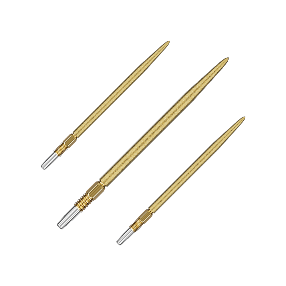 Auf dem Bild sind drei goldfarbene Dartspitzen zu sehen. Sie haben ein schlankes Design mit einem silbernen Anschlussstück am Ende.