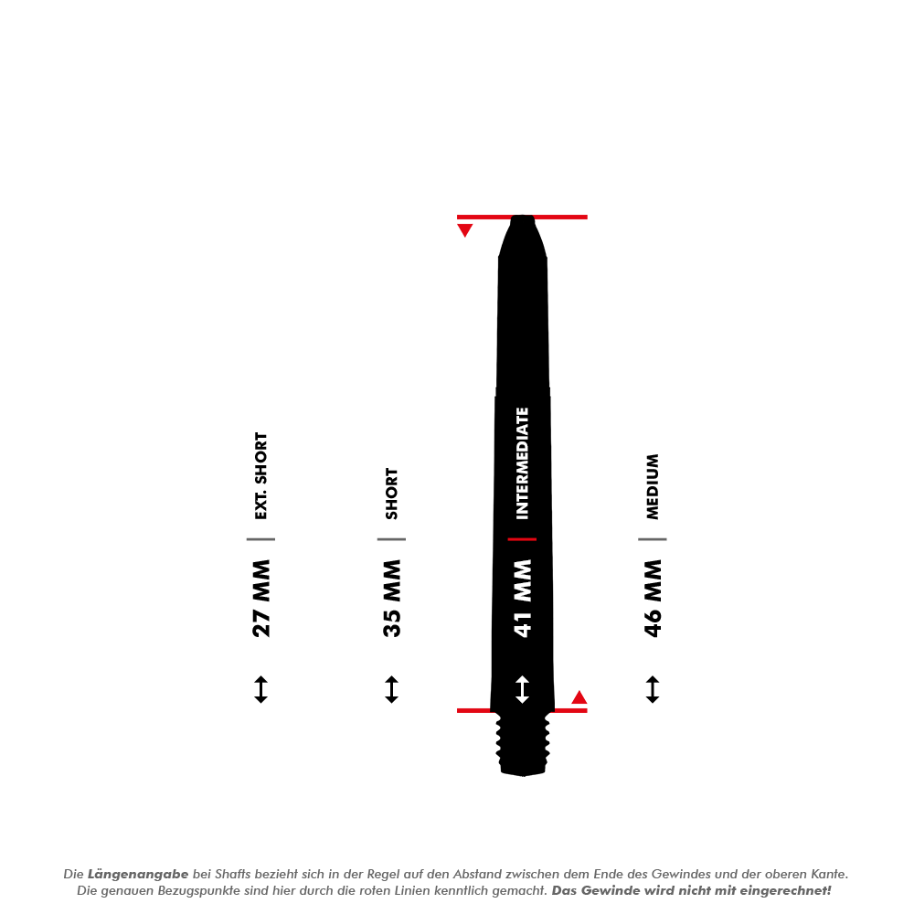 Das Bild zeigt die verschiedenen Längen der Winmau Pro-Force Shafts in Schwarz. Die Längen sind 27 mm (Extra Short), 35 mm (Short), 41 mm (Intermediate) und 46 mm (Medium).