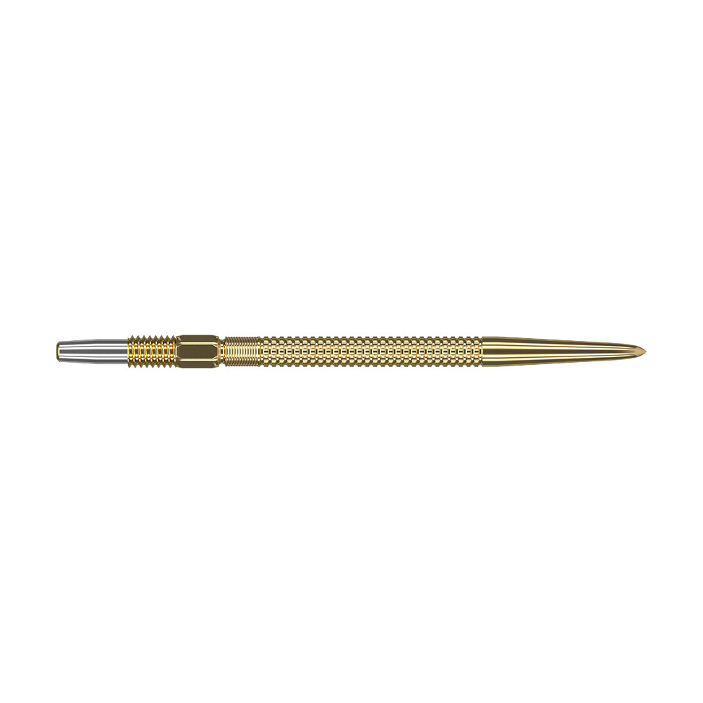 Das Bild zeigt eine goldfarbene Dartspitze mit feinen Rillen und glatter Spitze. Die Dartspitze wirkt hochwertig und ist für präzises Werfen geeignet.