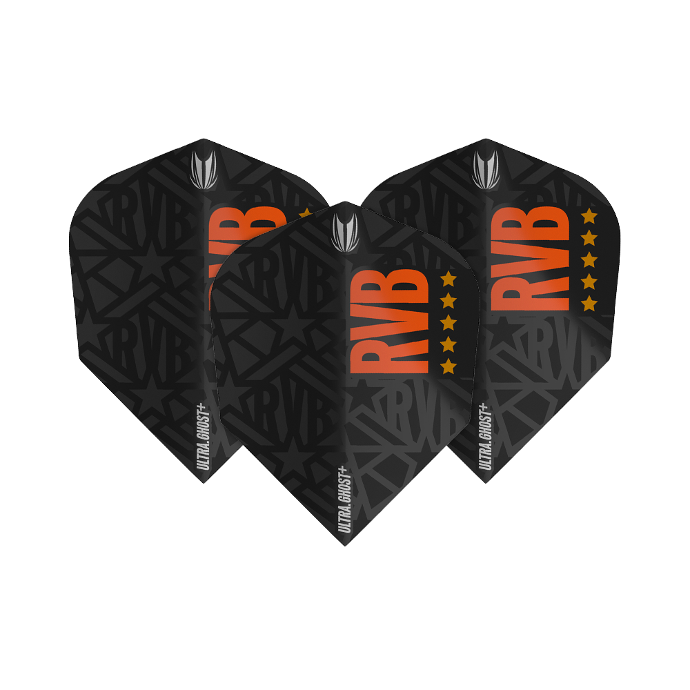 TG62_334020_Target_Ultra-Ghost_RvB_GEN2_Ten-X_Flights_11wmjTAMB7LAXa Das Bild zeigt drei schwarze Dart-Flights mit der Aufschrift "RVB" in orange und fünf orangefarbenen Sternen. Unten steht "ULTRA GHOST+" in kleiner, weißer Schrift.