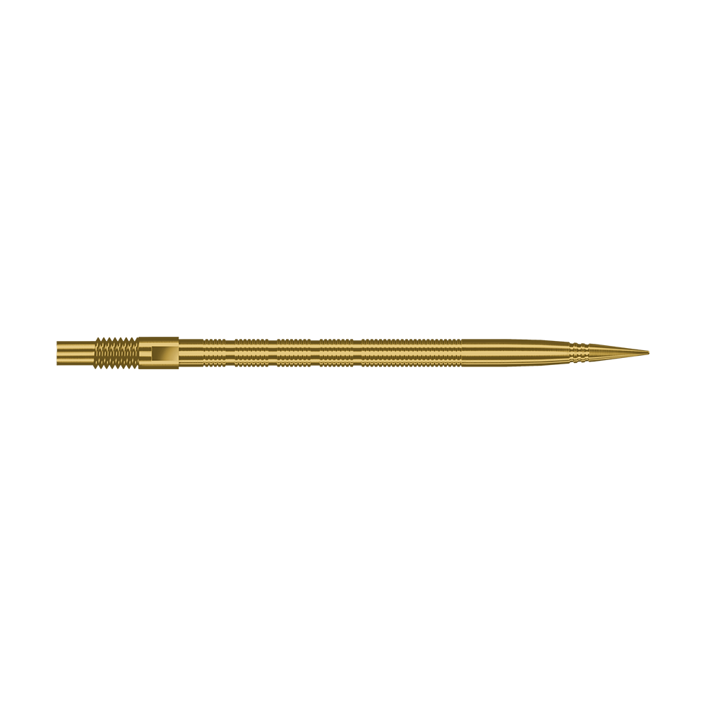 Das Bild zeigt Harrows Quick Point MicroRidge Dartspitzen in Gold, 40mm. Die Dartspitze ist einzeln dargestellt.