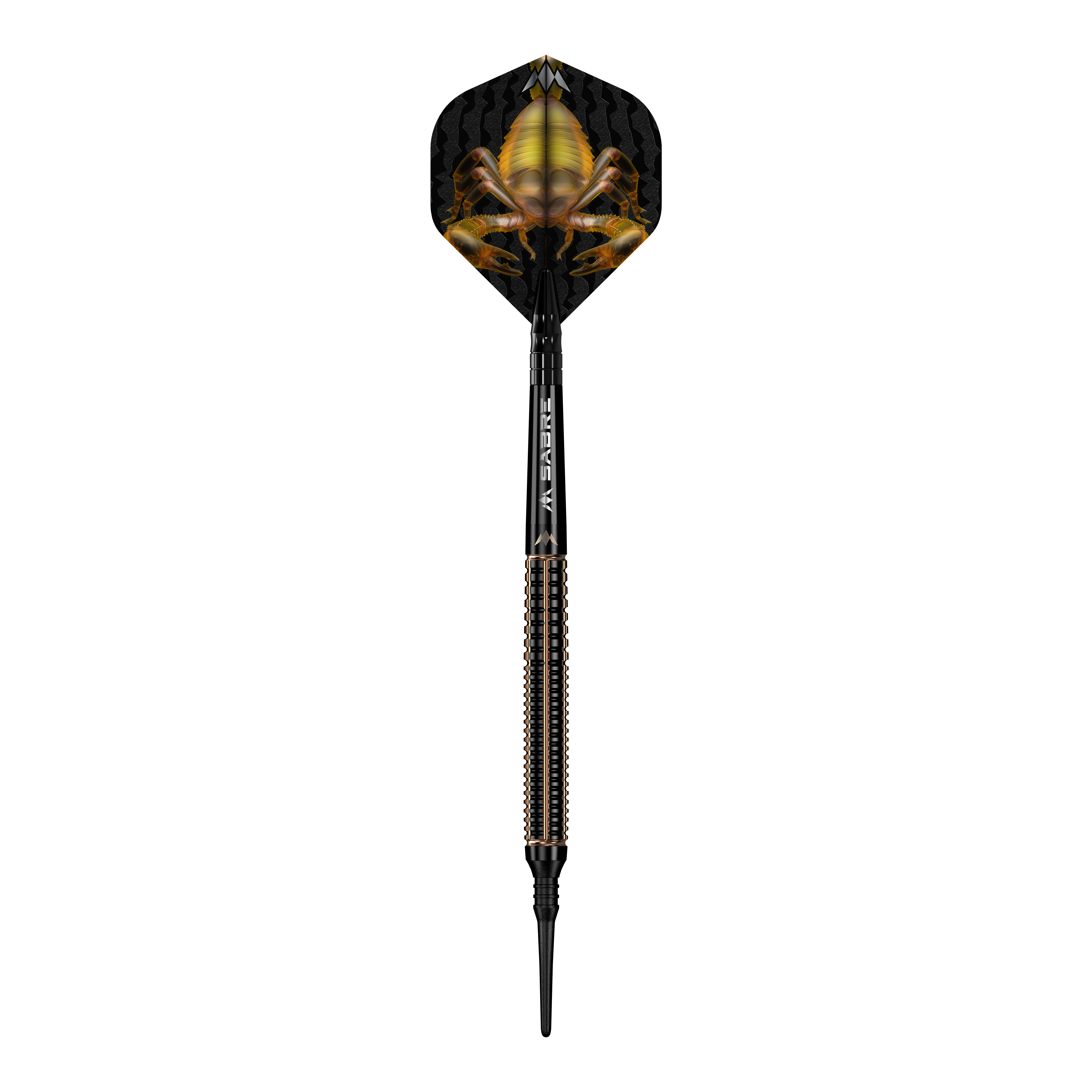 Mission Scorpion Softdarts - 19g Das Bild zeigt einen Softdart namens "Mission Scorpion Softdarts - 19g". Auf dem Flight ist ein auffälliges Skorpion-Design in Gelb und Schwarz zu sehen.